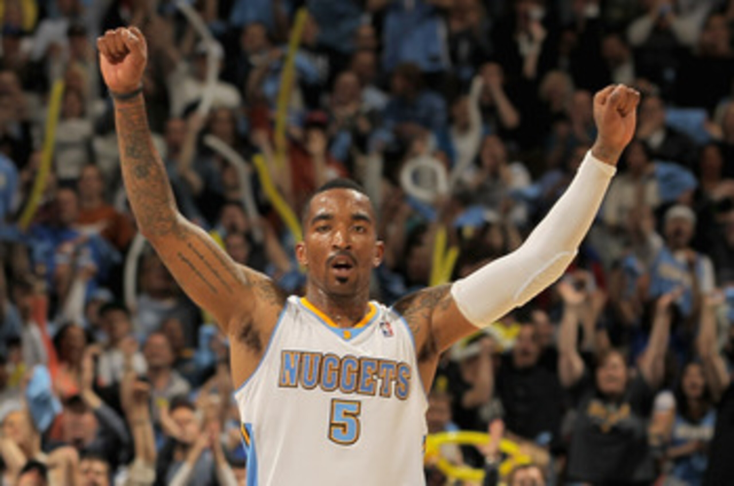 DENVER, CO - APRIL 25:  J.R. Smith #5 of the Denver Nuggets reacts after scoring against the Oklahoma City Thunder in Game Four of the Western Conference Quarterfinals in the 2011 NBA Playoffs on April 24, 2011 at the Pepsi Center in Denver, Colorado. NOT