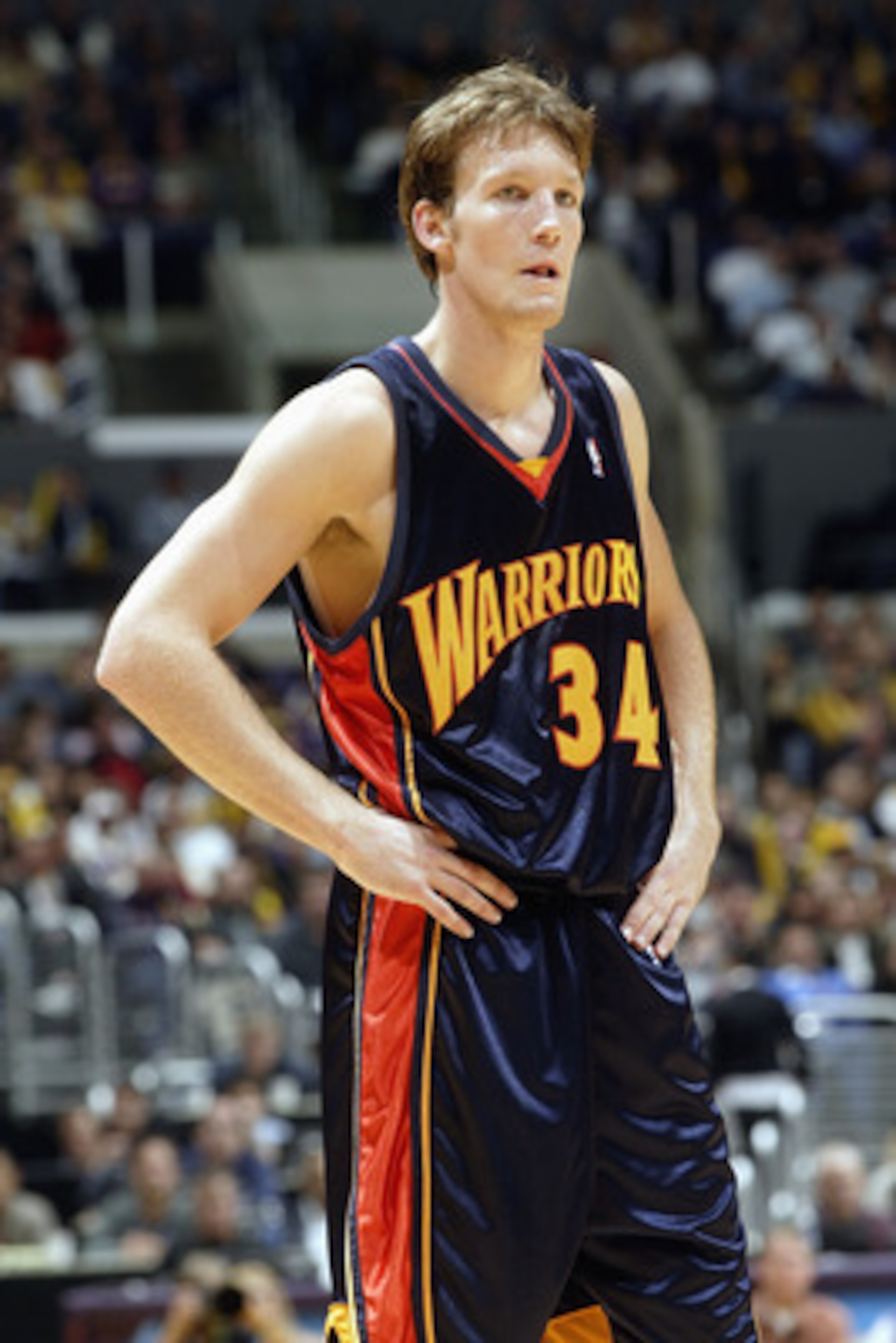 LOS ANGELES - NOVEMBER 2:  Mike Dunleavy #34 of the Golden State Warriors stands on the court during the game against the Los Angeles Lakers on November 2, 2003 at the Staples Center in Los Angeles, California.  The Lakers won 87-72.  NOTE TO USER: User e