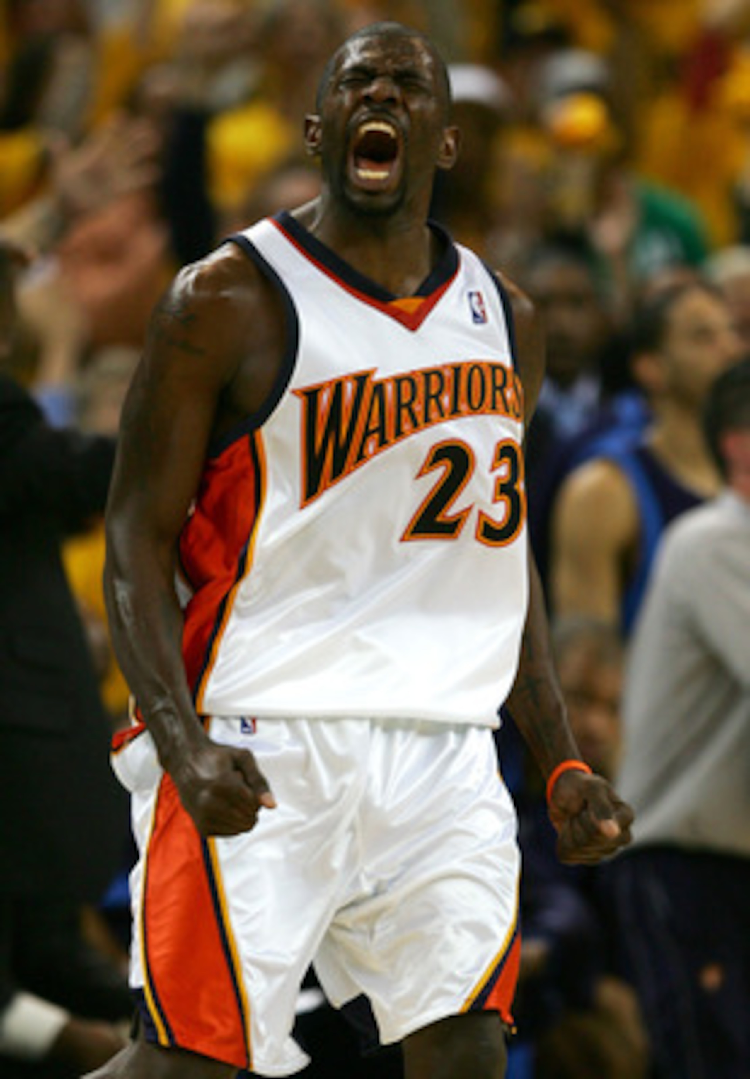 OAKLAND, CA - MAY 03:  Jason Richardson #23 of the Golden State Warriors celebrates after hitting a three pointer against the Dallas Mavericks in Game 6 of the Western Conference Quarterfinals during the 2007 NBA Playoffs on May 3, 2007 at Oracle Arena in