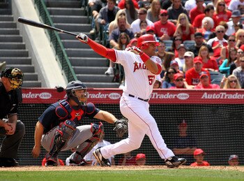 ANAHEIM, CA - MAY 22:   Bobby Abreu #53 of the Los Angeles Angels of Anaheim hits an RBI double in the seventh inning against the Atlanta Braves on May 22, 2011 at Angel Stadium in Anaheim, California.   The Angels won 4-1.  (Photo by Stephen Dunn/Getty I