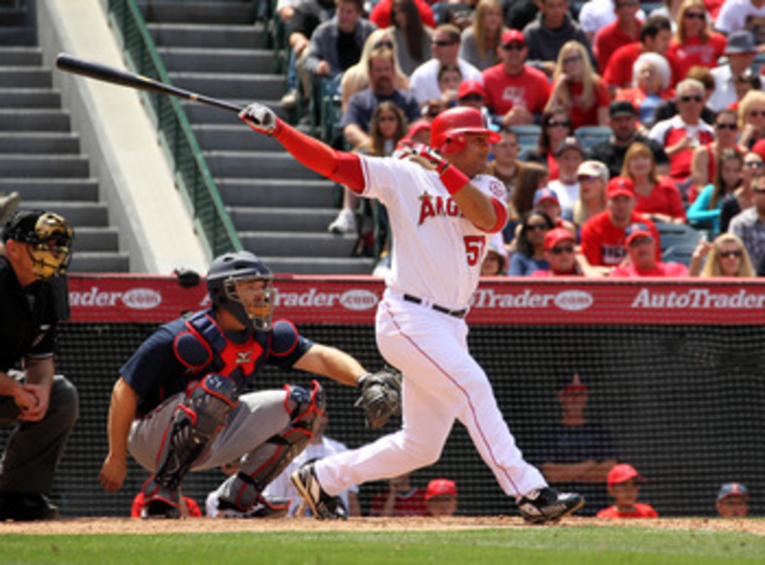 ANAHEIM, CA - MAY 22:   Bobby Abreu #53 of the Los Angeles Angels of Anaheim hits an RBI double in the seventh inning against the Atlanta Braves on May 22, 2011 at Angel Stadium in Anaheim, California.   The Angels won 4-1.  (Photo by Stephen Dunn/Getty I