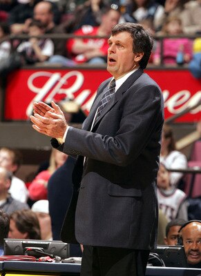 EAST RUTHERFORD , NJ - MARCH 26:  Head coach Kevin McHale of the Minnesota Timberwolves applaudes his teams effort during their game against the New Jersey Nets on March 26, 2005 at Continental Airlines Arena in East Rutherford, New Jersey.  NOTE TO USER: