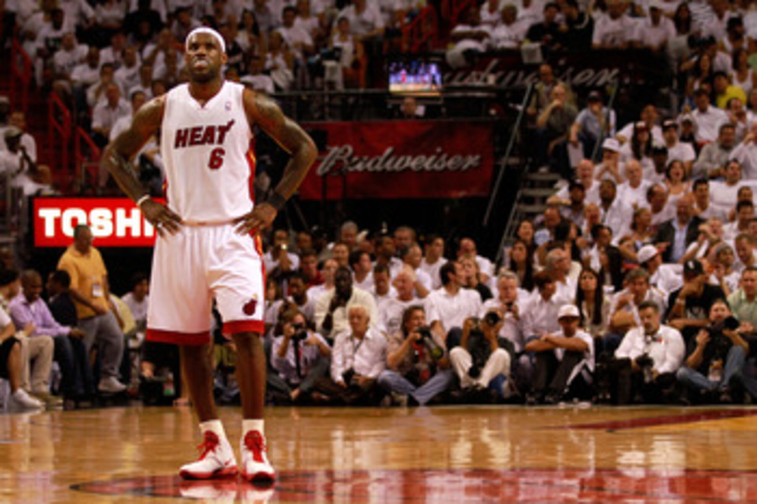 MIAMI, FL - MAY 24:  LeBron James #6 of the Miami Heat looks on against the Chicago Bulls in Game Four of the Eastern Conference Finals during the 2011 NBA Playoffs on May 24, 2011 at American Airlines Arena in Miami, Florida. NOTE TO USER: User expressly