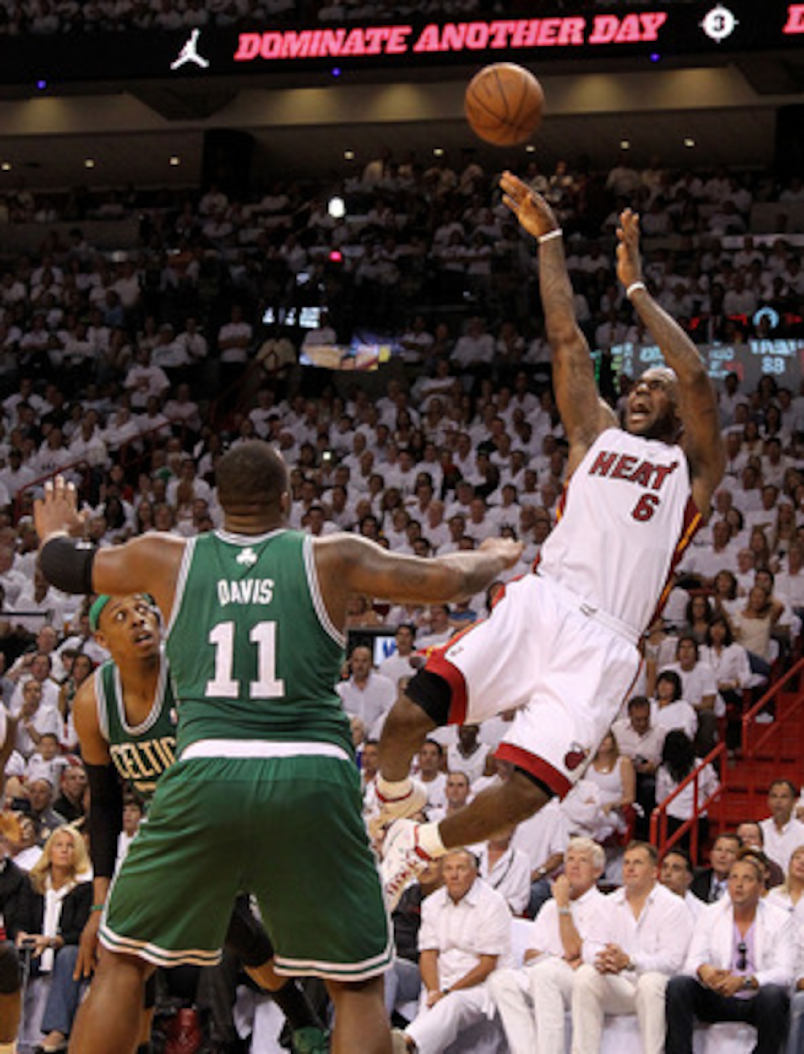 MIAMI, FL - MAY 03: LeBron James #6 of the Miami Heat shoots over Glen Davis #11 of the Boston Celtics during Game Two of the Eastern Conference Semifinals of the 2011 NBA Playoffs at American Airlines Arena on May 3, 2011 in Miami, Florida. NOTE TO USE MIAMI, FL - MAY 03: LeBron James #6 of the Miami Heat shoots over Glen Davis #11 of the Boston Celtics during Game Two of the Eastern Conference Semifinals of the 2011 NBA Playoffs at American Airlines Arena on May 3, 2011 in Miami, Florida. NOTE TO USE