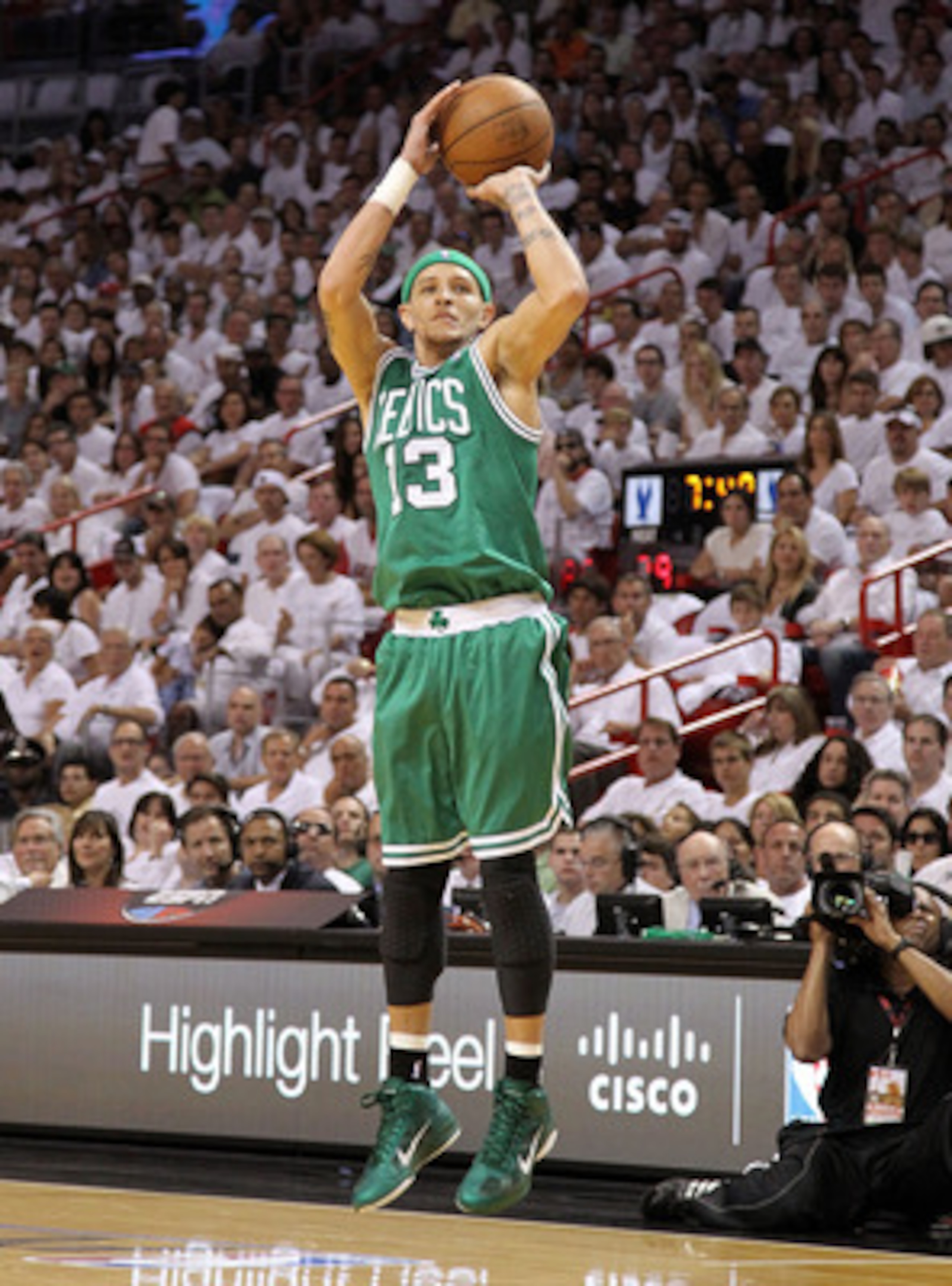 MIAMI, FL - MAY 01:  Delonte West #13  of the Boston Celtics shoots  during game one of the Eastern Conference Semifinals of the 2011 NBA Playoffs against the Miami Heat at American Airlines Arena on May 1, 2011 in Miami, Florida. NOTE TO USER: User expre