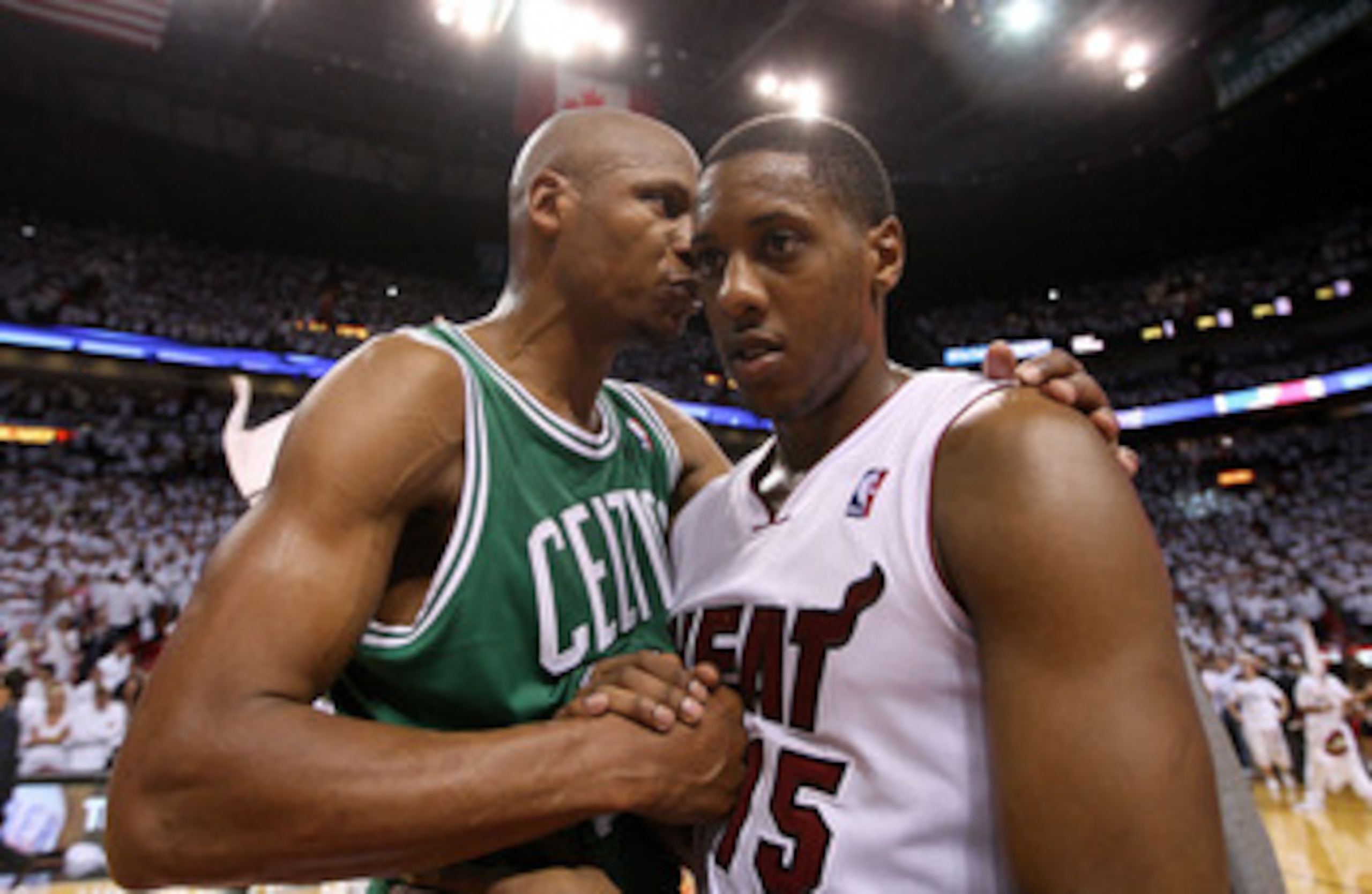 MIAMI, FL - MAY 11: Mario Chalmers #15 of the Miami Heat is congratulated by Ray Allen #20 of the Boston Celtics after Game Five of the Eastern Conference Semifinals of the 2011 NBA Playoffs at American Airlines Arena on May 11, 2011 in Miami, Florida. NO