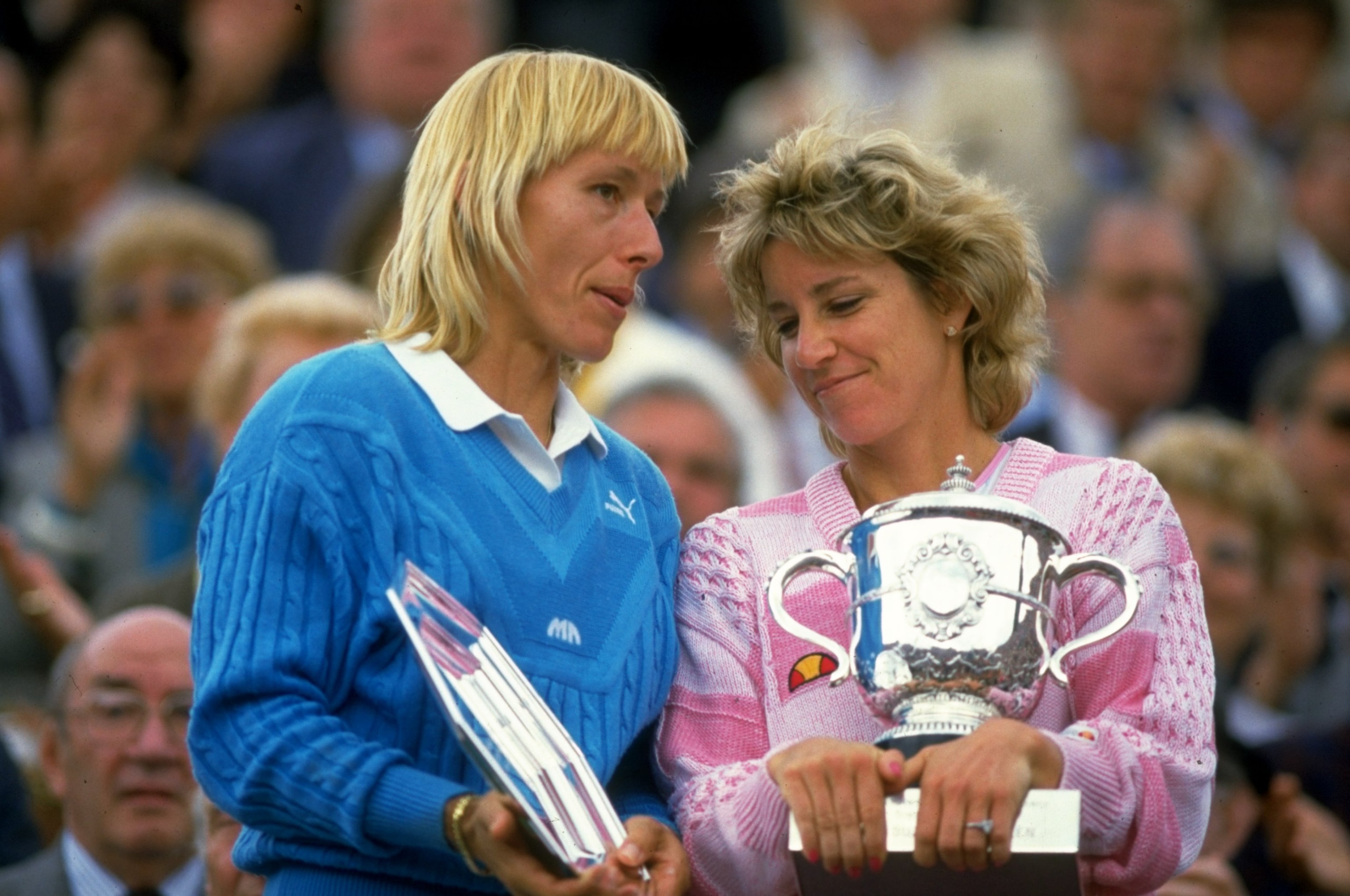 May-Jun 1986:  Martina Navratilova (left) of the USA chats with Chris Evert also of the USA as they hold their respective trophies after the Womens Singles final during the French Open at Roland Garros in Paris. \ Mandatory Credit: Allsport UK /Allsport
