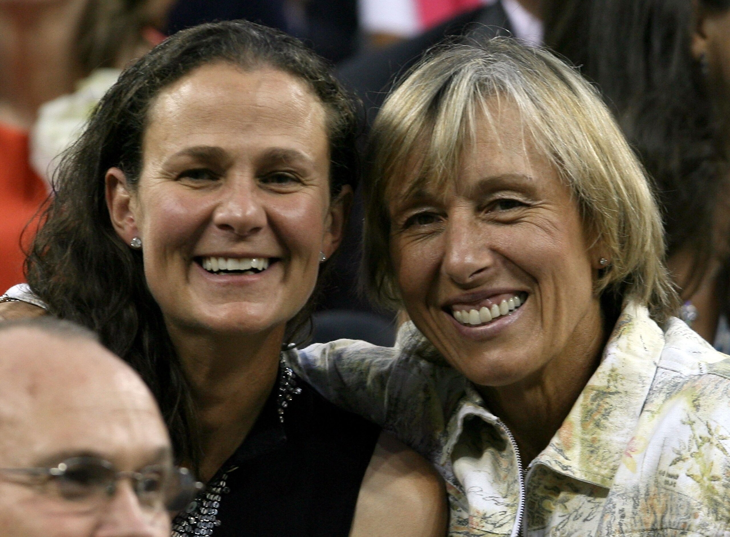 NEW YORK - AUGUST 28:  Tennis legend Martina Navratilova (R) and Pam Shriver smile during the opening ceremony of the US Open at the USTA Billie Jean King National Tennis Center in Flushing Meadows Corona Park on August 28, 2006 in the Flushing neighborho