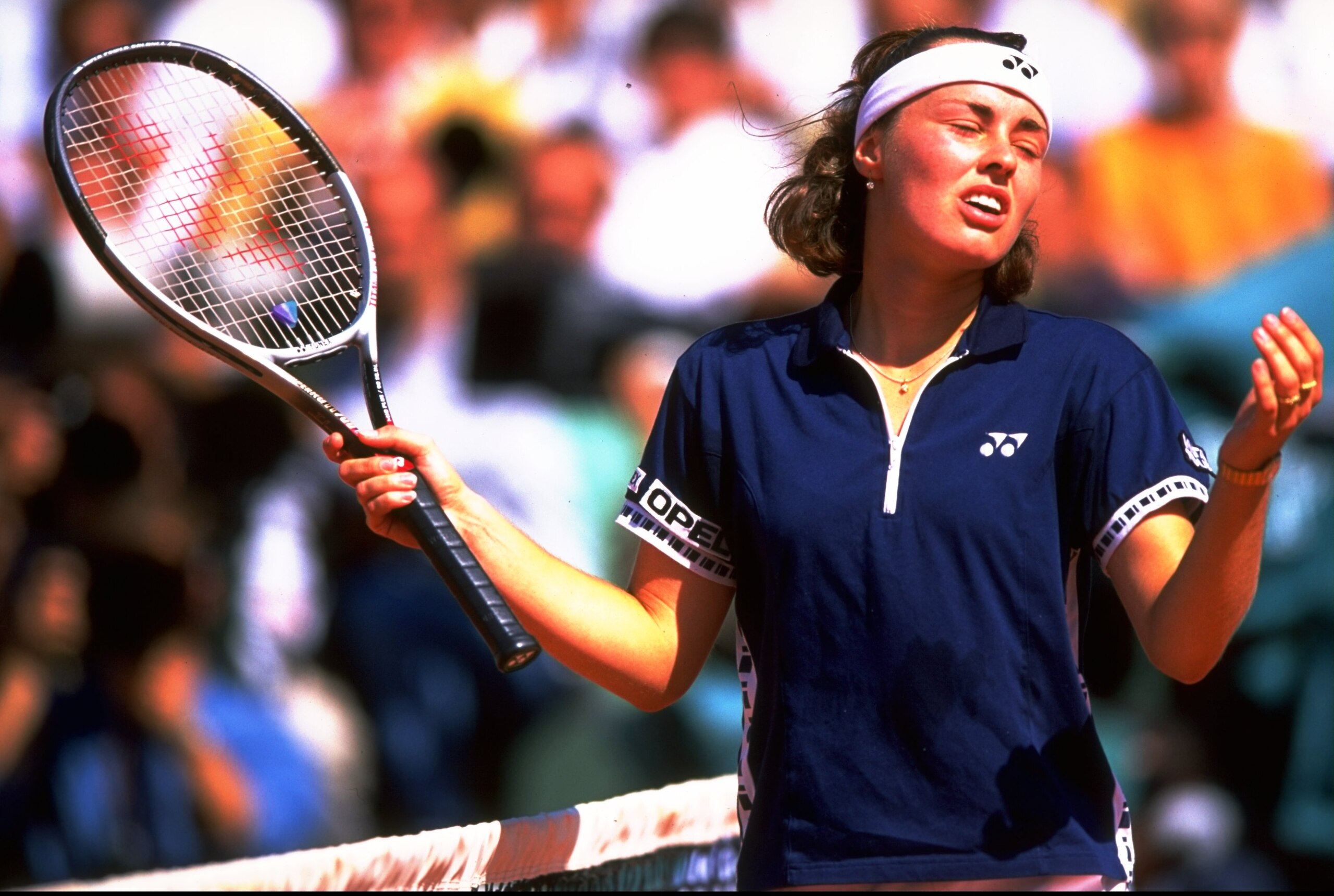5 Jun 1999:  Martina Hingis of Switzerland is dejected after a dubious line call during the 1999 French Open Final match against Steffi Graf of Germany played at Roland Garros in Paris, France.  The match finished with Steffi Graf of Germany clinching the
