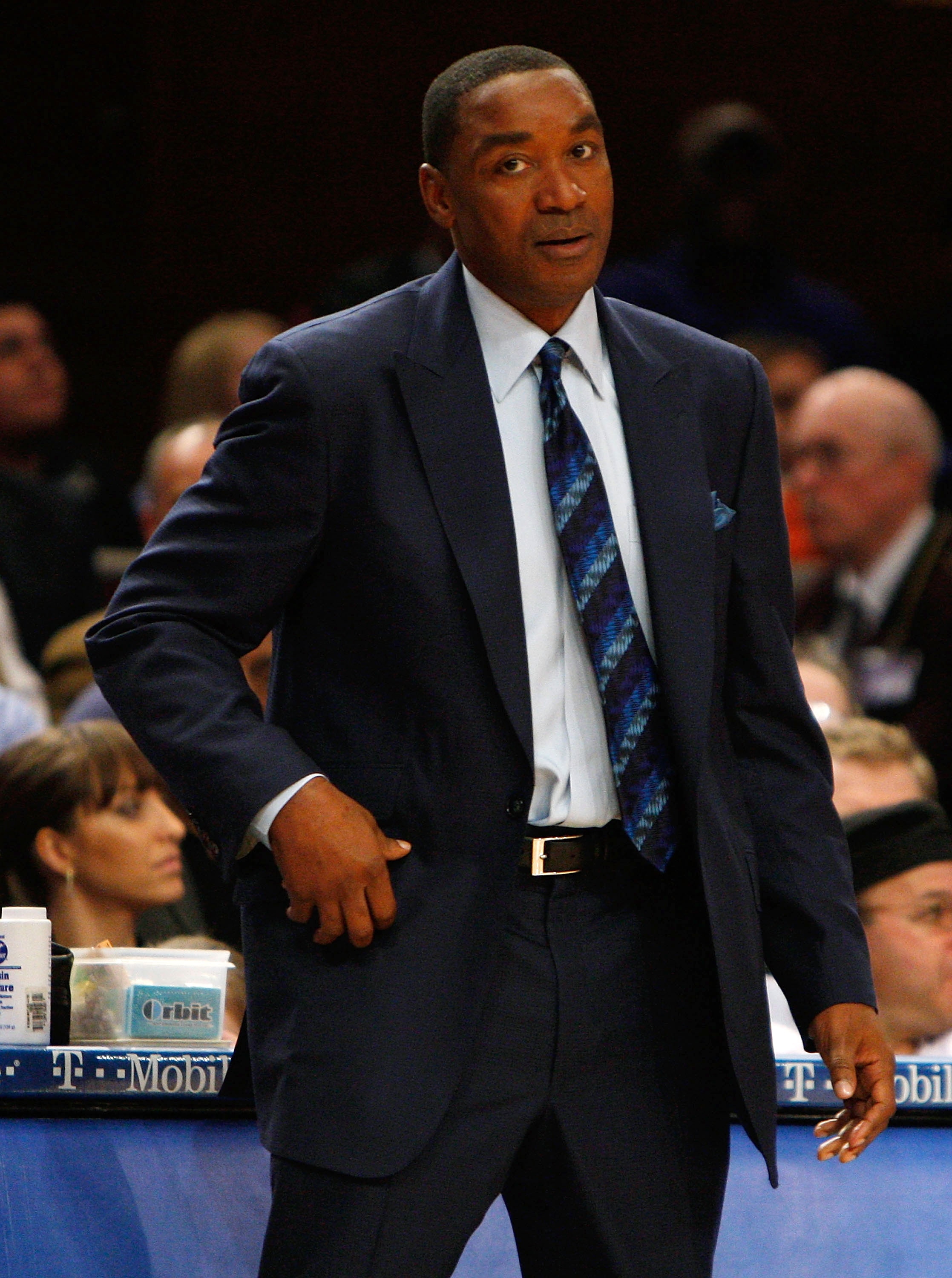 NEW YORK - MARCH 07: Head coach Isiah Thomas of the New York Knicks watches on against the Detroit Pistons on March 7, 2008 at Madison Square Garden in New York City. NOTE TO USER: User expressly acknowledges and agrees that, by downloading and/or using t