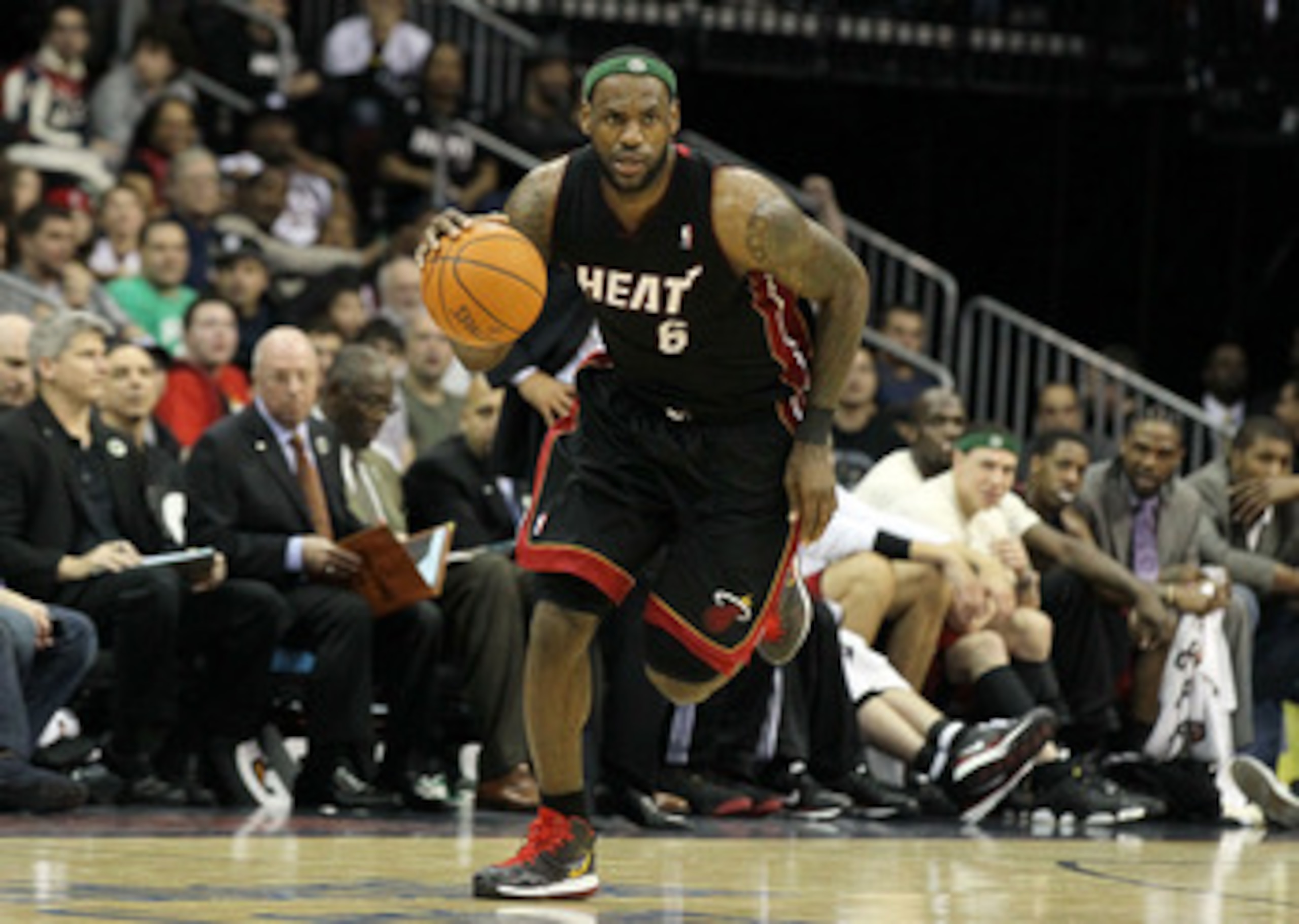 NEWARK, NJ - APRIL 03:  LeBron James #6 of the Miami Heat dribbles the ball upcourt against the New Jersey Nets at the Prudential Center on April 3, 2011 in Newark, New Jersey.The Heat defeated the Nets 108-94.NOTE TO USER: User expressly acknowledges and