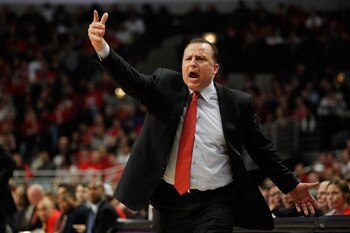 CHICAGO, IL - MAY 15:  Head coach Tom Thibodeau of the Chicago Bulls reacts as he coaches against the Miami Heat in Game One of the Eastern Conference Finals during the 2011 NBA Playoffs on May 15, 2011 at the United Center in Chicago, Illinois. The Bulls