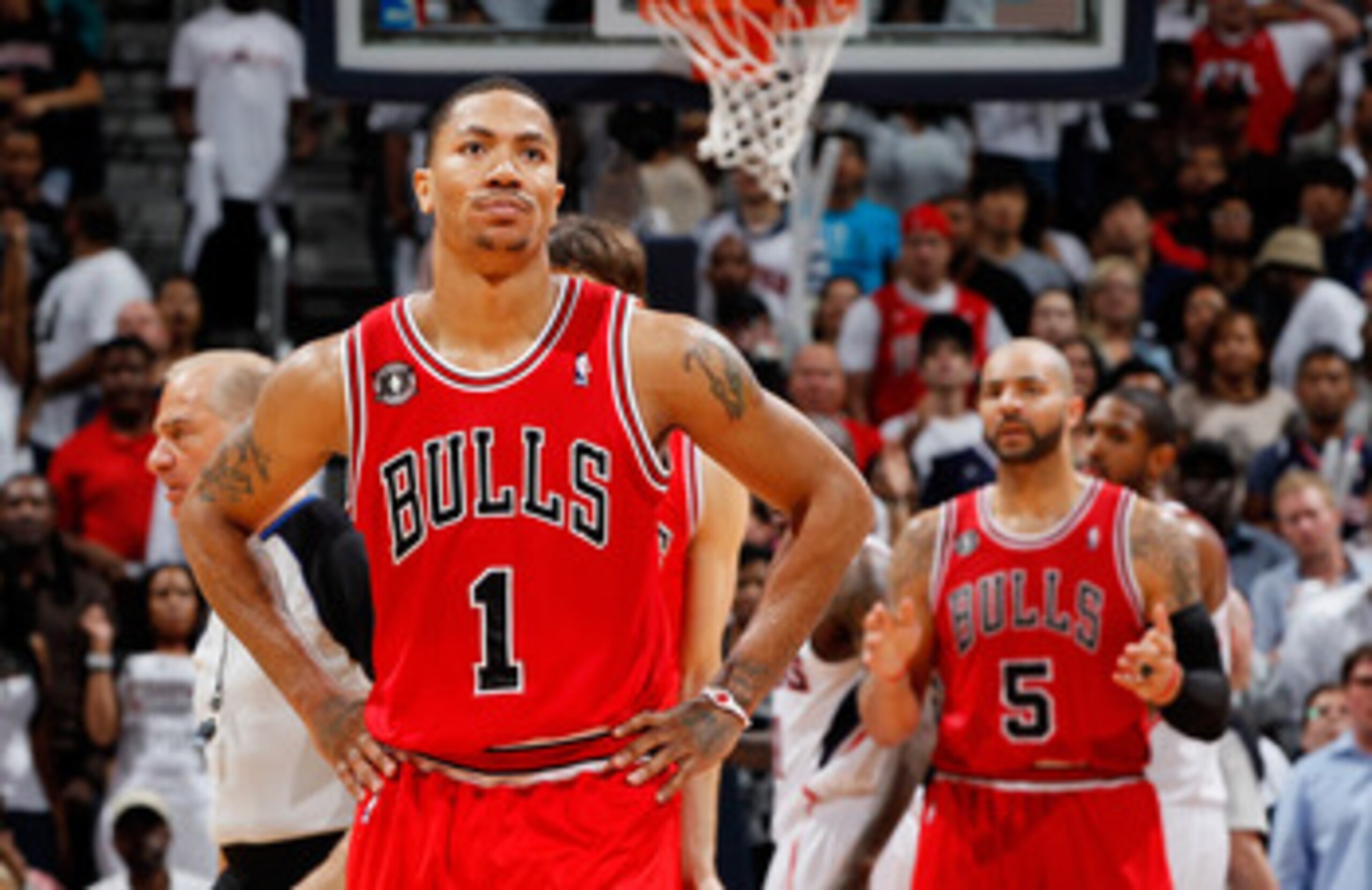 ATLANTA, GA - MAY 08:  Derrick Rose #1 of the Chicago Bulls reacts after a turnover against the Atlanta Hawks in Game Four of the Eastern Conference Semifinals in the 2011 NBA Playoffs at Phillips Arena on May 8, 2011 in Atlanta, Georgia.  NOTE TO USER: U