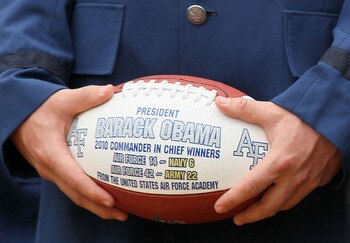 WASHINGTON - APRIL 18:  Fullback Jared Tew holds a football as U.S. President Barack Obama hosts the Air Force Academy football team at the Rose Garden April 18, 2011 at the White House in Washington, DC. President Obama hosted the Air Force Academy footb