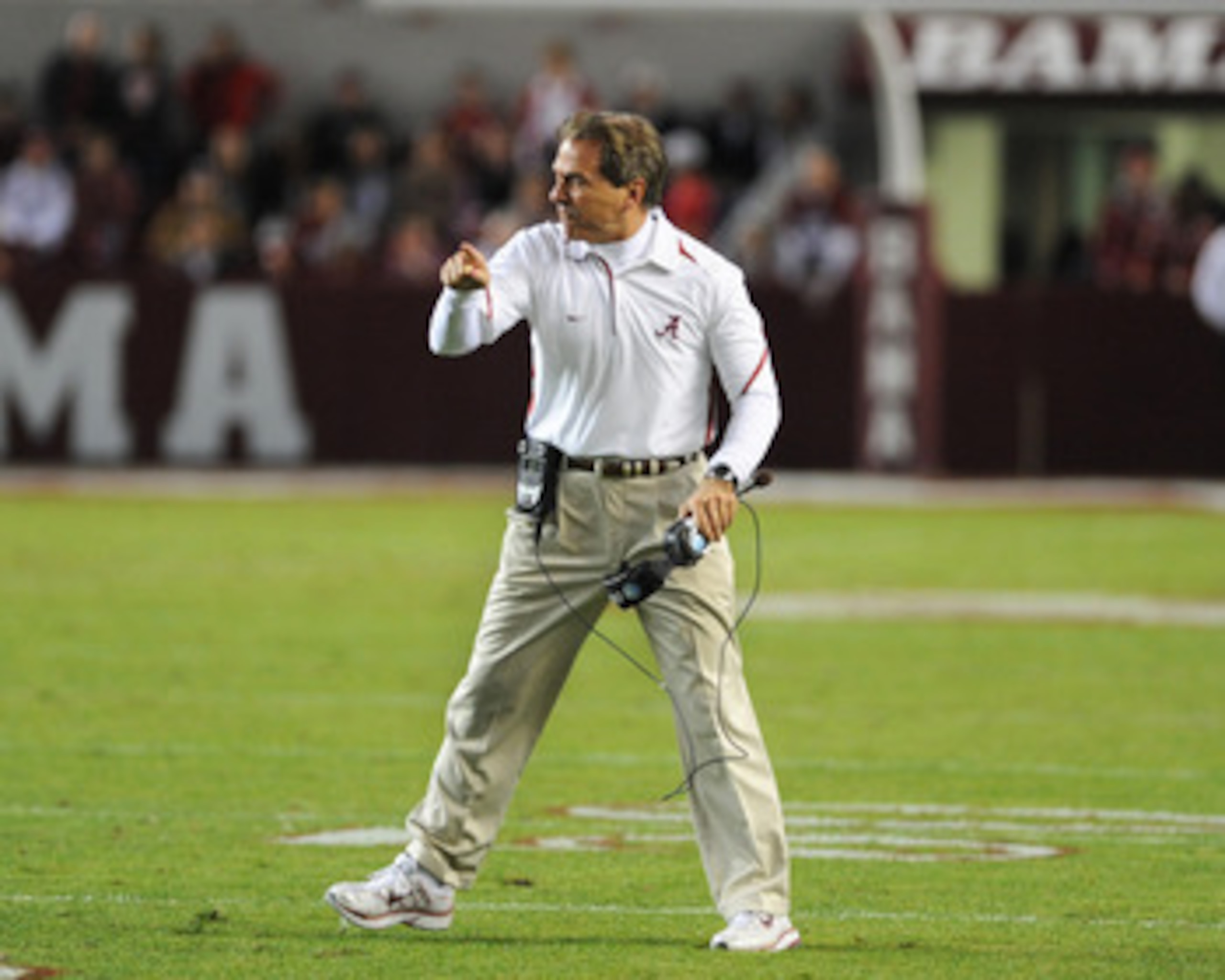 TUSCALOOSA, AL - NOVEMBER 13: Coach Nick Saban of the Alabama Crimson Tide directs play against the Mississippi State Bulldogs November 13, 2010 at Bryant-Denny Stadium in Tuscaloosa, Alabama. (Photo by Al Messerschmidt/Getty Images) TUSCALOOSA, AL - NOVEMBER 13: Coach Nick Saban of the Alabama Crimson Tide directs play against the Mississippi State Bulldogs November 13, 2010 at Bryant-Denny Stadium in Tuscaloosa, Alabama. (Photo by Al Messerschmidt/Getty Images)