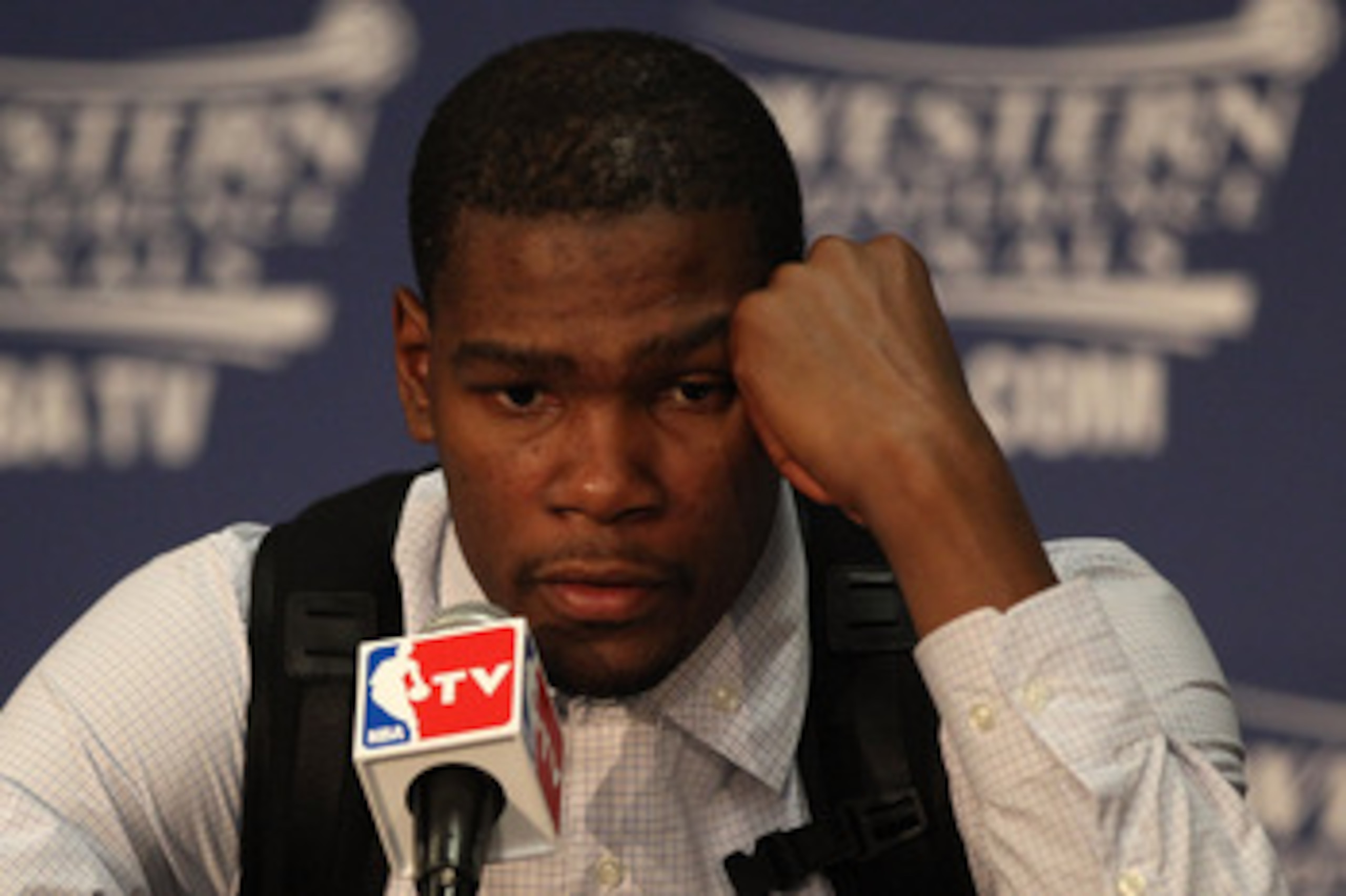 OKLAHOMA CITY, OK - MAY 23:  Kevin Durant #35 of the Oklahoma City Thunder addresses the media after the Dallas Mavericks defeated the Thunder 112-105 in overtime in Game Four of the Western Conference Finals during the 2011 NBA Playoffs at Oklahoma City