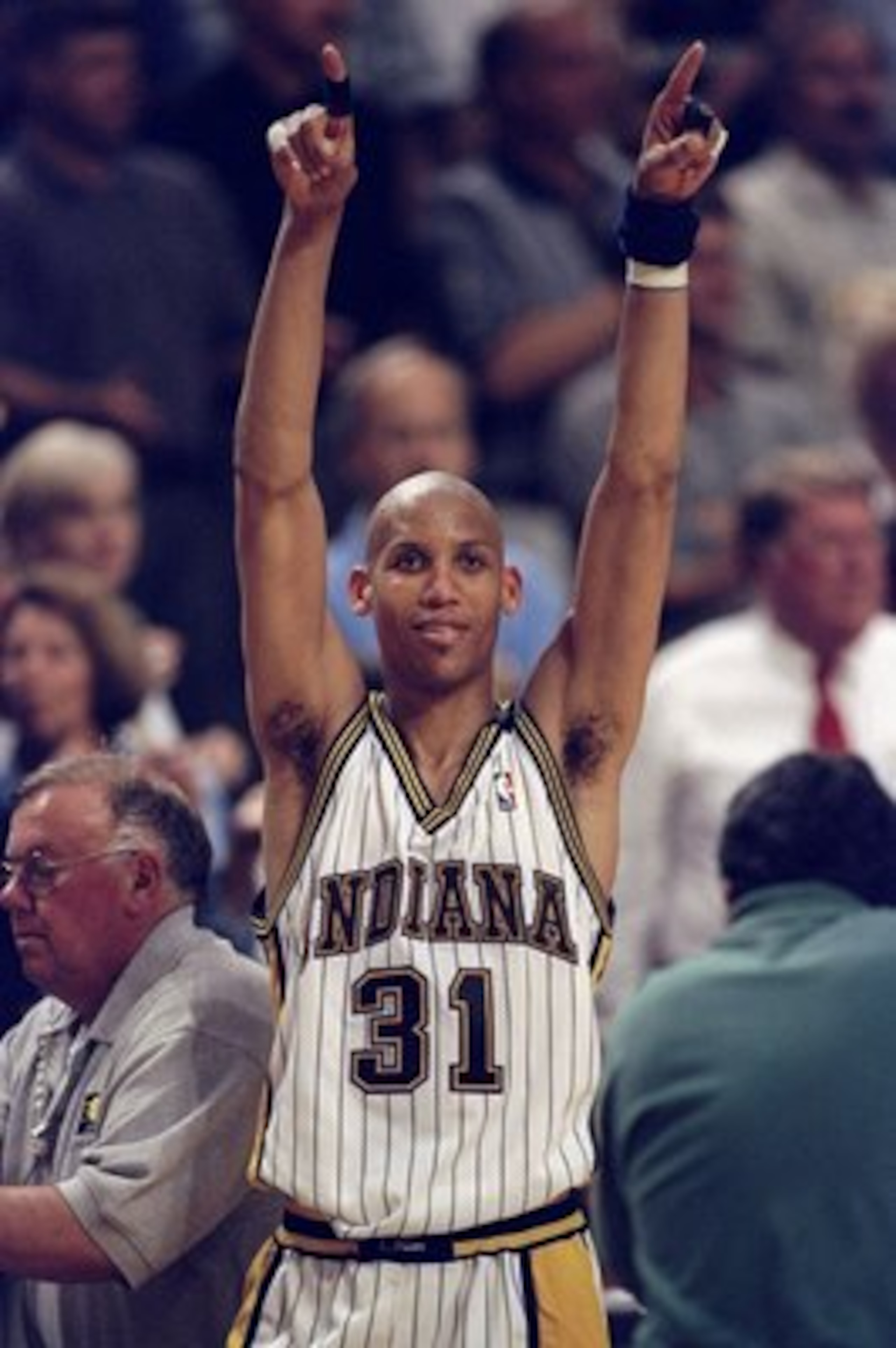 13 May, 1998:  Reggie Miller #31 of the Indianapolis Pacers celebrates win against the New York Knicks during the NBA Eastern Conference Finals at the Market Square Arena in Indianapolis, Indiana.  The Pacers defeated the Knicks 99-88. Mandatory Credit: V