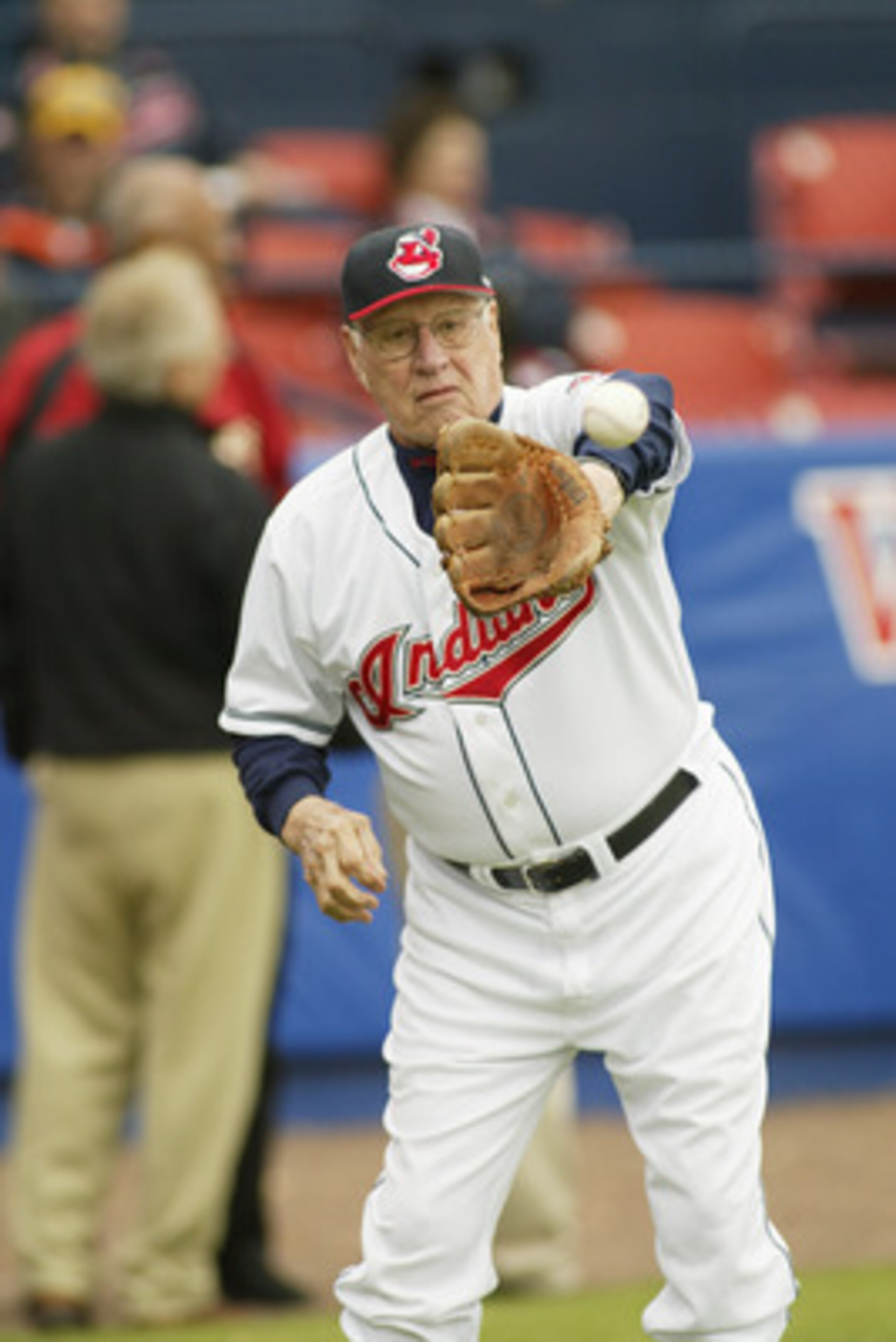 WINTER HAVEN, FL - MARCH 3: Former Indian and Hall of Fame pitcher Bob Feller plays catch before a Spring Training game against the Houston Astros on March 3, 2005 at Chain-O-Lakes Park in Winter Haven, Florida. The Indians won 7-3. (Photo by Rick Stewar WINTER HAVEN, FL - MARCH 3: Former Indian and Hall of Fame pitcher Bob Feller plays catch before a Spring Training game against the Houston Astros on March 3, 2005 at Chain-O-Lakes Park in Winter Haven, Florida. The Indians won 7-3. (Photo by Rick Stewar