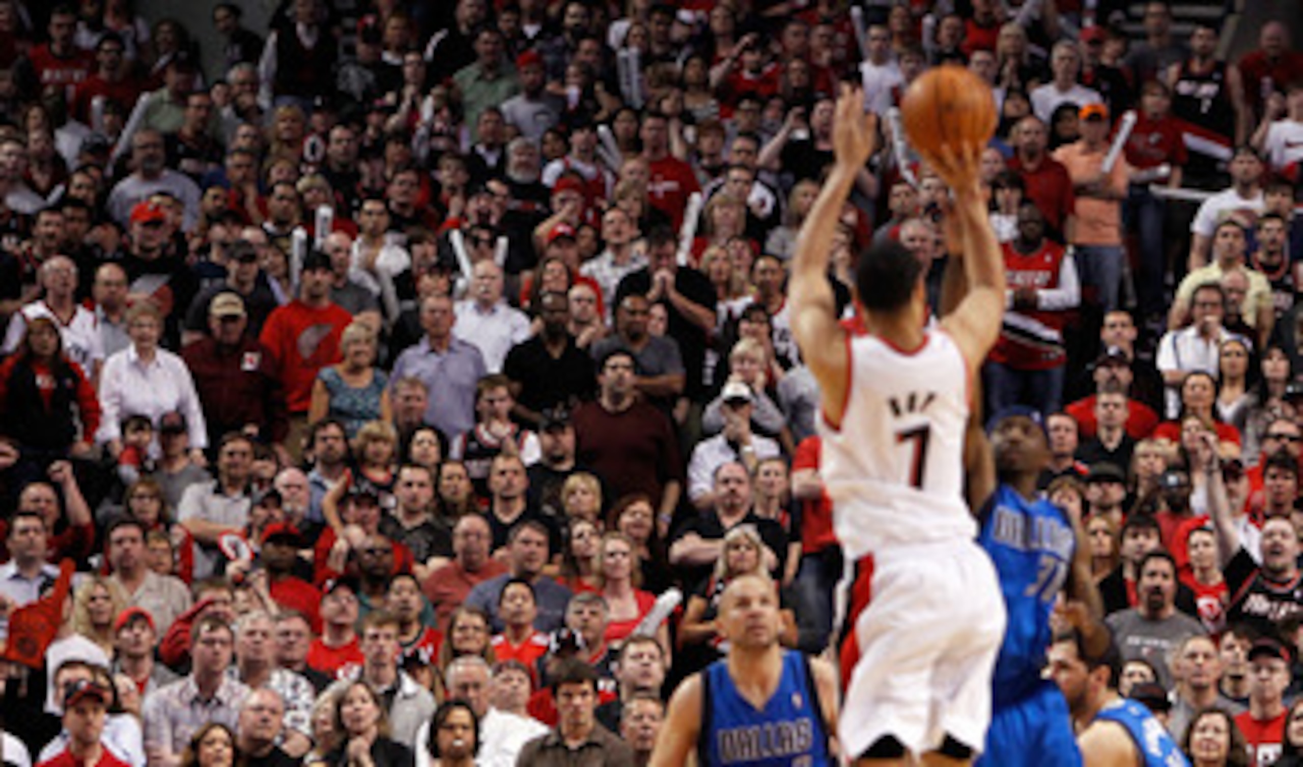 PORTLAND, OR - APRIL 23:  Fans watch as Brandon Roy #7 of the Portland Trail Blazers against the Dallas Mavericks in Game Four of the Western Conference Quarterfinals in the 2011 NBA Playoffs on April 23, 2011 at the Rose Garden in Portland, Oregon. NOTE 