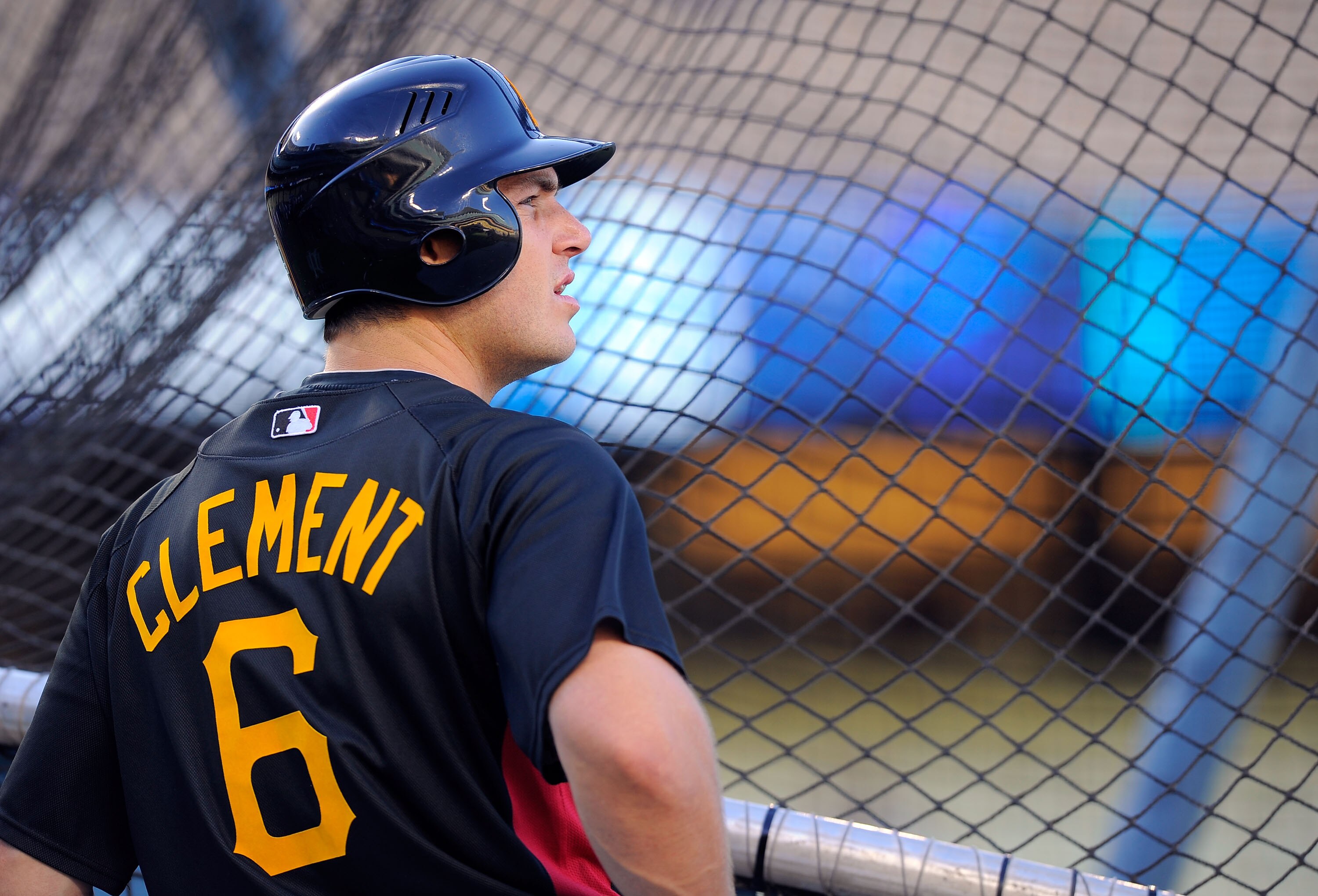 LOS ANGELES, CA - APRIL 29: Jeff Clement #6 of the Pittsburgh Pirates during batting practice prior to the start of the baseball game against Los Angeles Dodgers on April 29, 2010 at Dodger Stadium in Los Angeles, California.  (Photo by Kevork Djansezian/