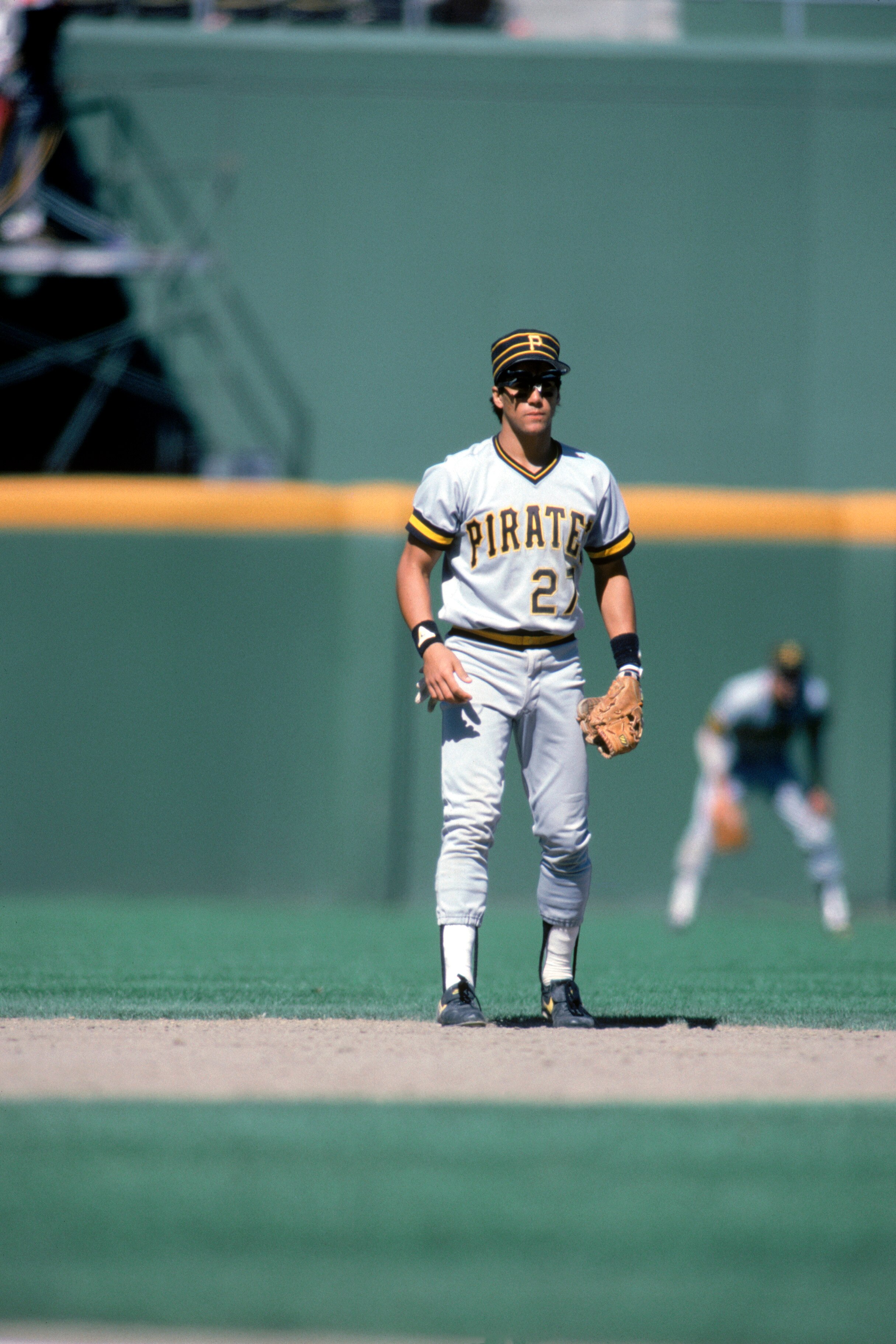 SAN DIEGO - UNDATED:  Sam Khalifa #27 of the Pittsburgh Pirates stands ready for a play during a game against the San Diego Padres circa 1985-1987 at Jack Murphy Stadium in San Diego, California.  (Photo by Rick Stewart/Getty Images)