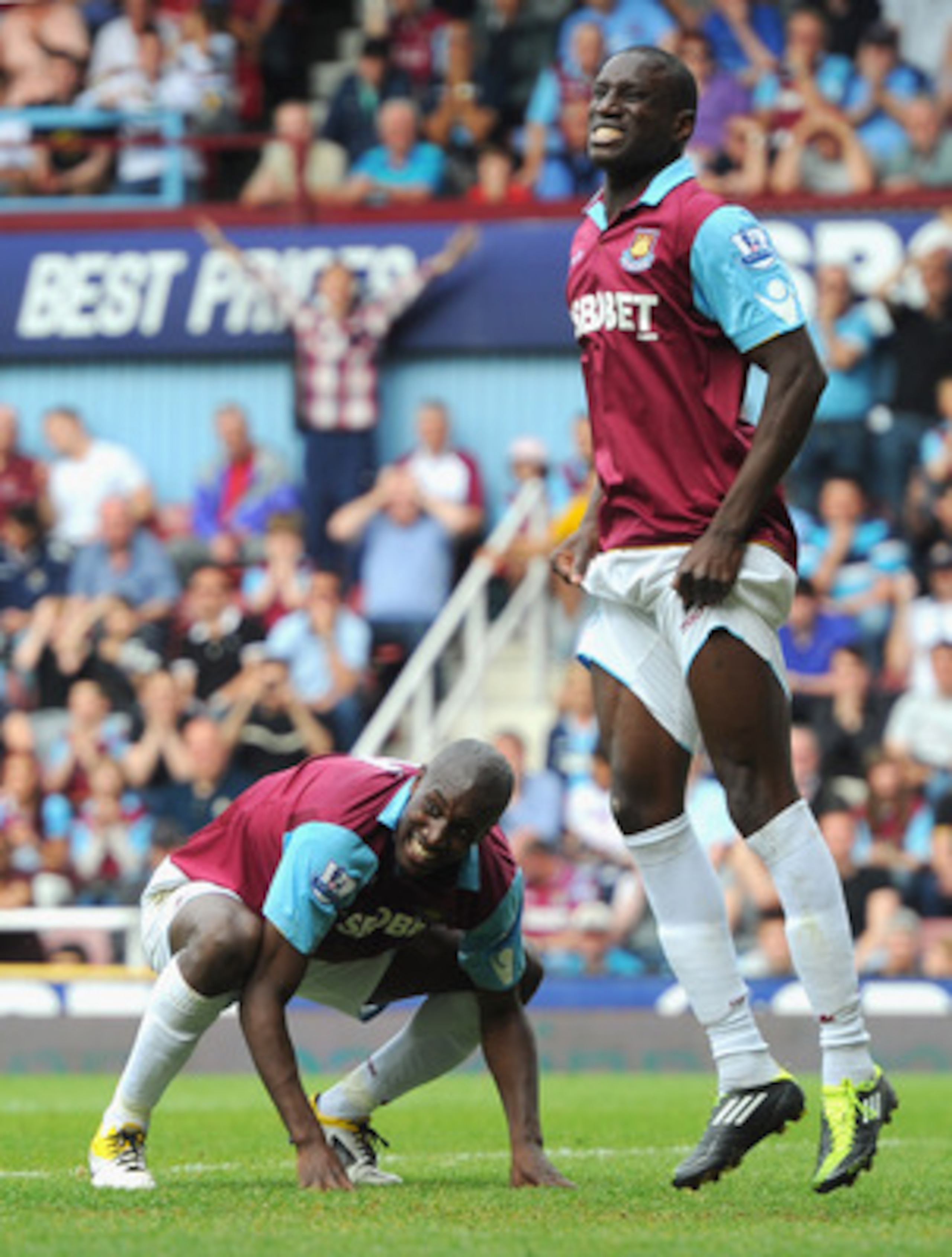 LONDON, ENGLAND - MAY 07:  Carlton Cole and Demba Ba of West Ham United react during the Barclays Premier League match between West Ham United and Blackburn Rovers at the Boleyn Ground on May 7, 2011 in London, England.  (Photo by Mike Hewitt/Getty Images