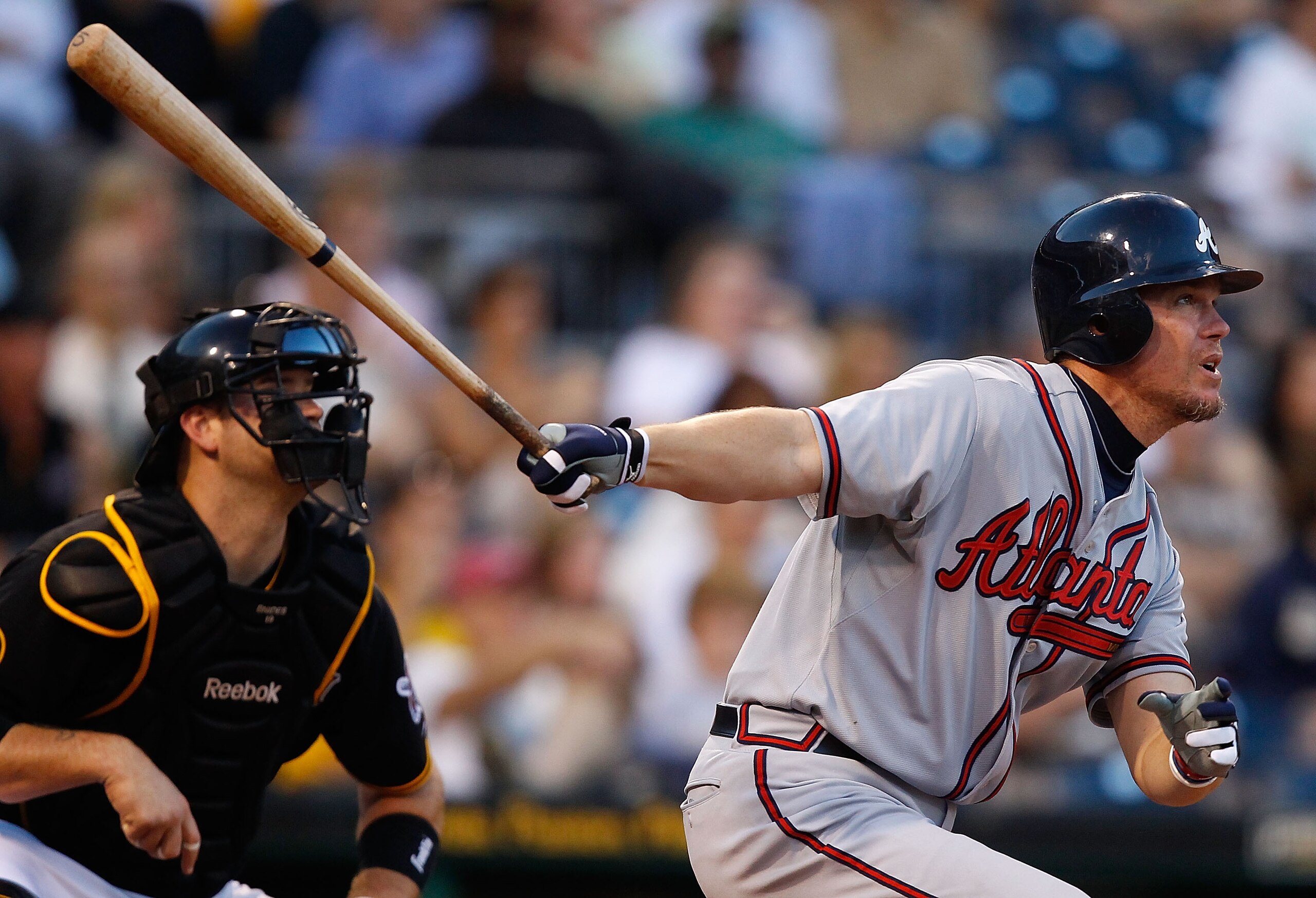 PITTSBURGH - MAY 24:  Chipper Jones #10 of the Atlanta Braves hits a double against the Pittsburgh Pirates during the game on May 24, 2011 at PNC Park in Pittsburgh, Pennsylvania.  (Photo by Jared Wickerham/Getty Images)