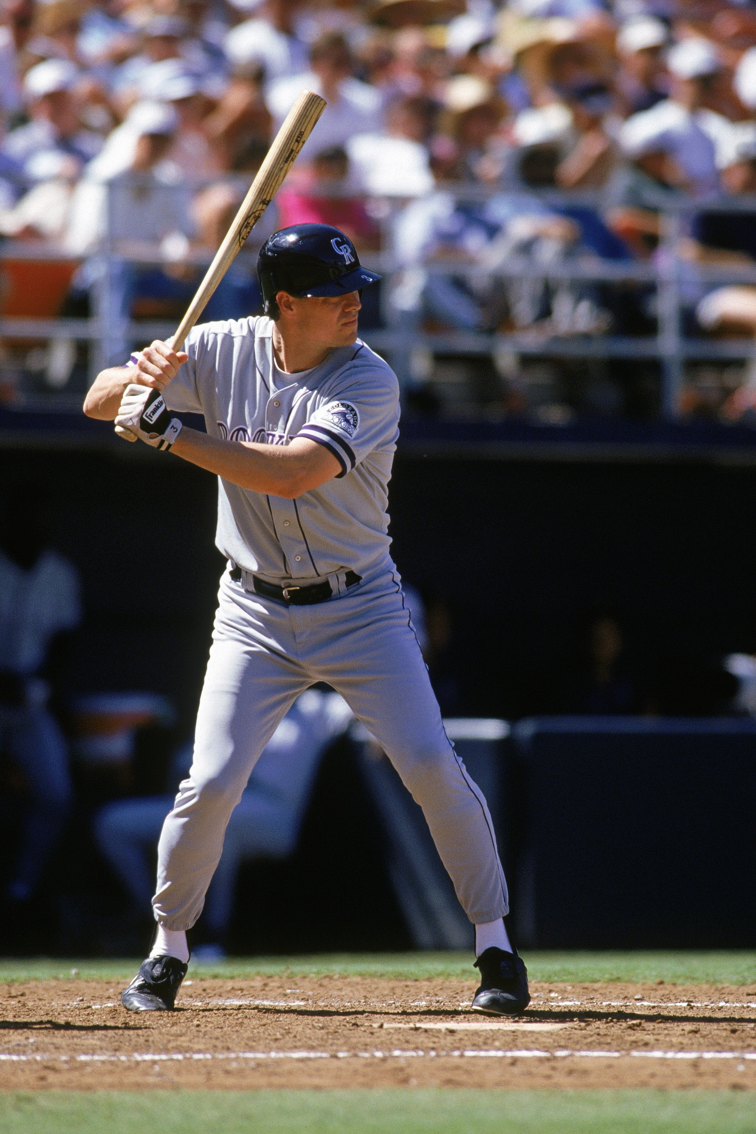 SAN DIEGO - MAY 20:  Dale Murphy #3 of the Colorado Rockies stands ready at the plate during a game against the San Diego Padres at Qualcomm Stadium on May 20, 1993 in San Diego, California. (Photo by Stephen Dunn/Getty Images)