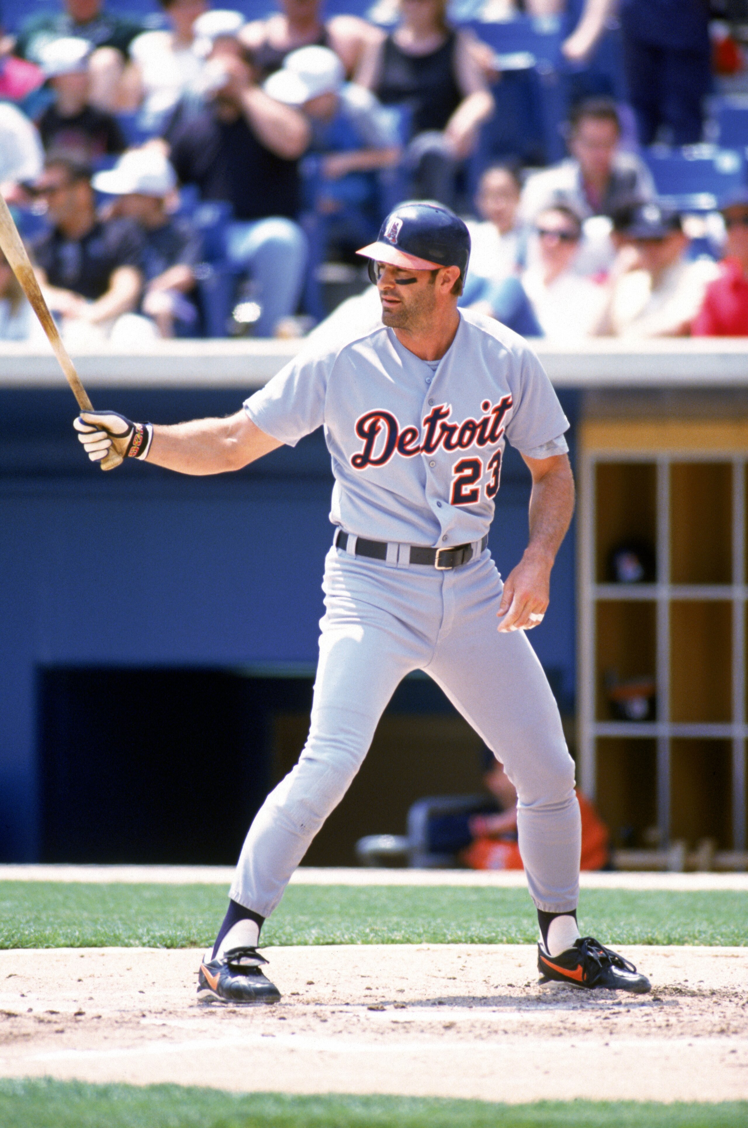CHICAGO - JUNE 4:  Kirk Gibson #23 of the Detroit Tigers stands at the plate during the game against the Chicago White Sox at the New Comiskey Park on June 4, 1995 in Chicago, Illinois. The Tigers defeated the White Sox 8-5. (Photo by Jonathan Daniel/Gett