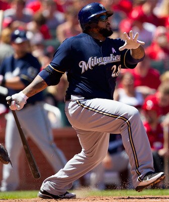 ST. LOUIS, MO - MAY 8: Prince Fielder #28 of the Milwaukee Brewers hits a single against the St. Louis Cardinals at Busch Stadium on May 8, 2011 in St. Louis, Missouri.  (Photo by Dilip Vishwanat/Getty Images)