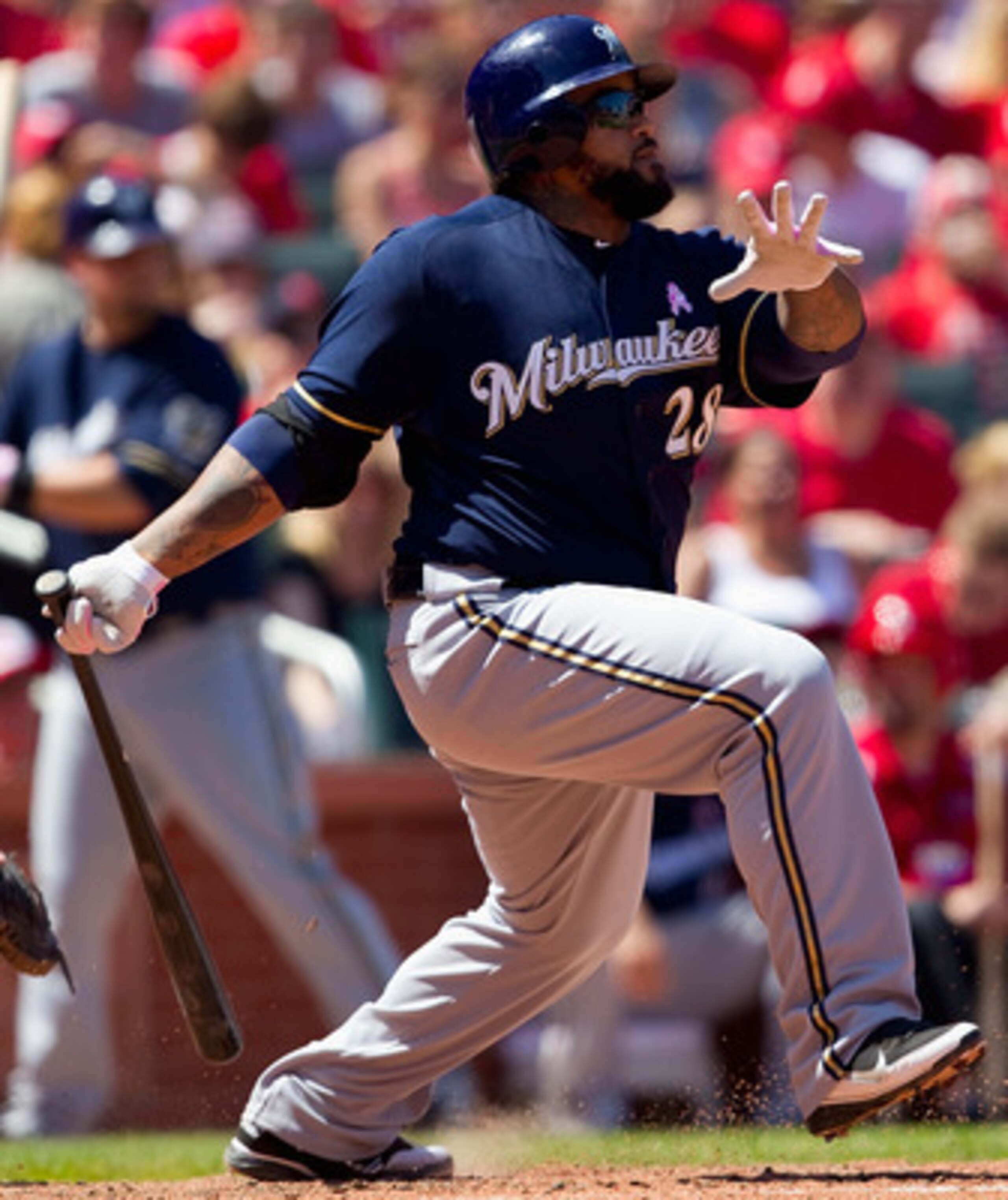 ST. LOUIS, MO - MAY 8: Prince Fielder #28 of the Milwaukee Brewers hits a single against the St. Louis Cardinals at Busch Stadium on May 8, 2011 in St. Louis, Missouri.  (Photo by Dilip Vishwanat/Getty Images)