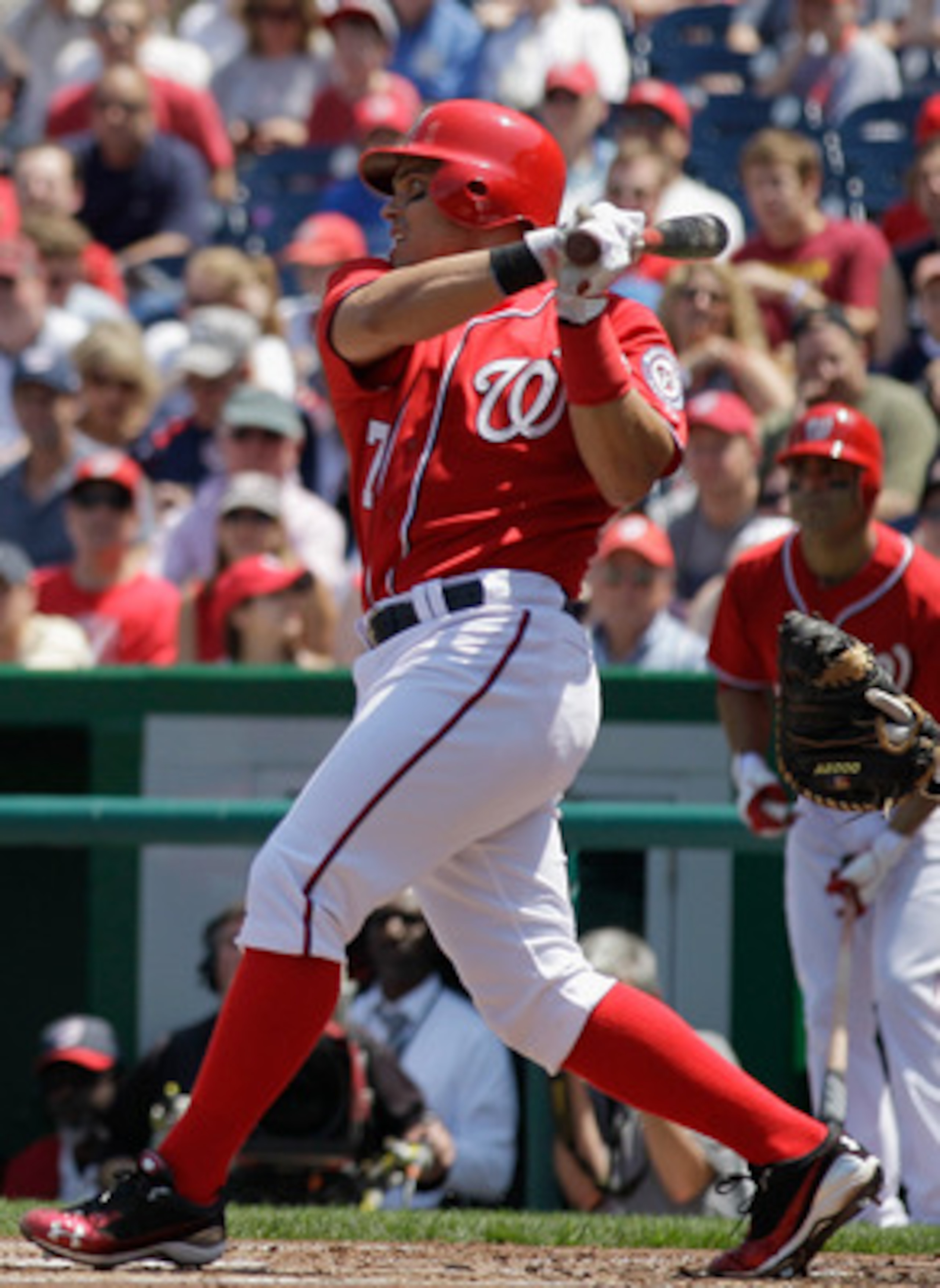 WASHINGTON, DC - MAY 15: Ivan Rodriguez #7 of the Washington Nationals at the plate against the Florida Marlins at Nationals Park on May 15, 2011 in Washington, DC.  (Photo by Rob Carr/Getty Images)