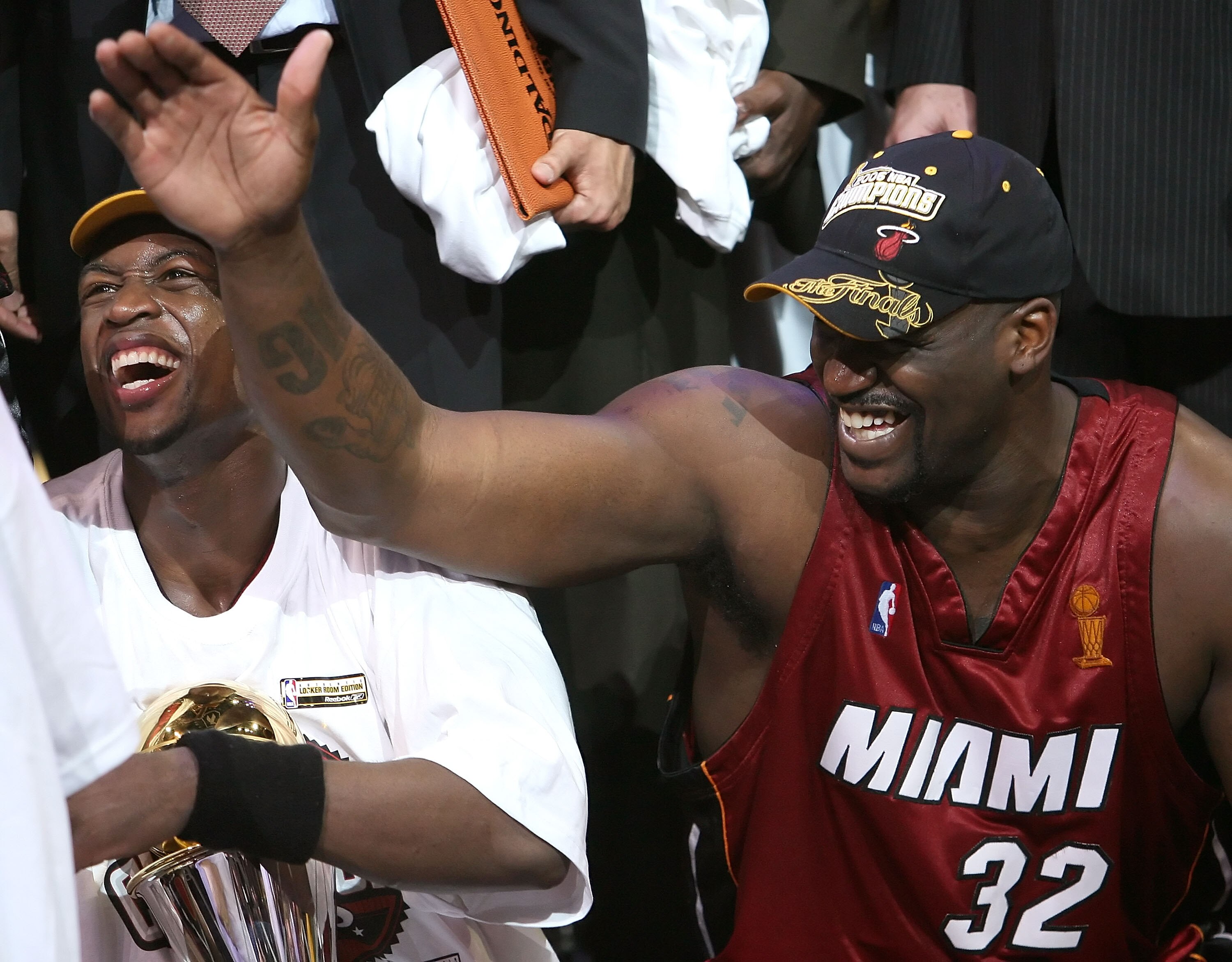 DALLAS - JUNE 20: Series MVP Dwyane Wade #3 and Shaquille O'Neal #32 of the Miami Heat celebrate together after the Heat defeated the Dallas Mavericks in game six of the 2006 NBA Finals on June 20, 2006 at American Airlines Center in Dallas, Texas. The DALLAS - JUNE 20: Series MVP Dwyane Wade #3 and Shaquille O'Neal #32 of the Miami Heat celebrate together after the Heat defeated the Dallas Mavericks in game six of the 2006 NBA Finals on June 20, 2006 at American Airlines Center in Dallas, Texas. The