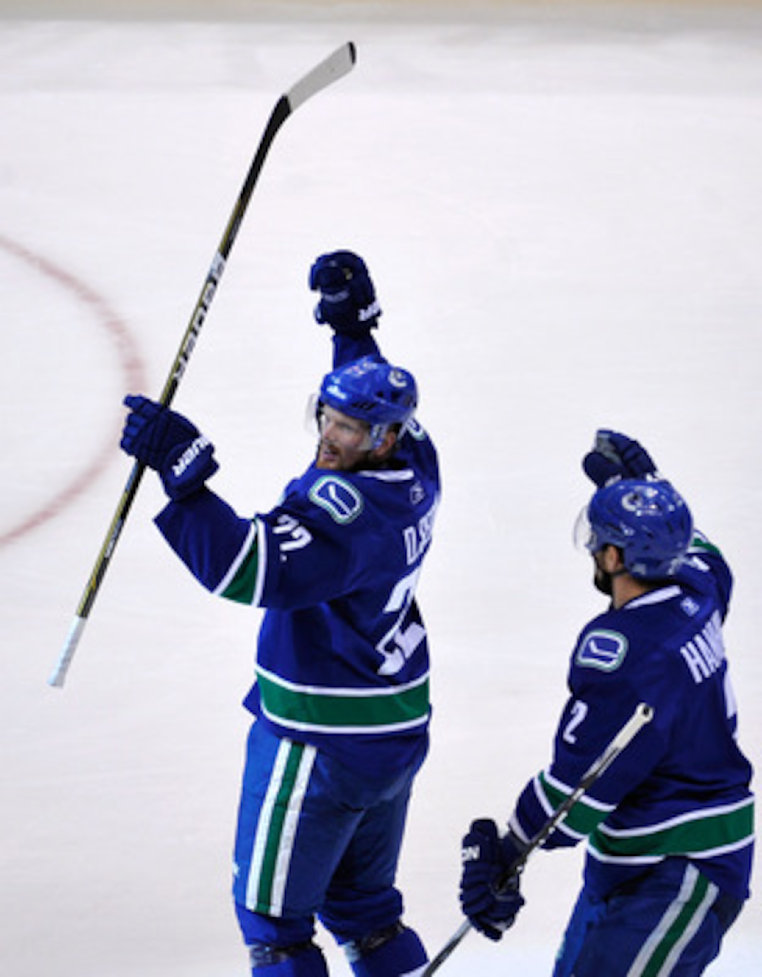VANCOUVER, CANADA - MAY 18: Daniel Sedin #22 of the Vancouver Canucks celebrates his first period goal against the San Jose Sharks in Game Two of the Western Conference Finals during the 2011 Stanley Cup Playoffs at Rogers Arena on May 18, 2011 in Vancouv VANCOUVER, CANADA - MAY 18: Daniel Sedin #22 of the Vancouver Canucks celebrates his first period goal against the San Jose Sharks in Game Two of the Western Conference Finals during the 2011 Stanley Cup Playoffs at Rogers Arena on May 18, 2011 in Vancouv