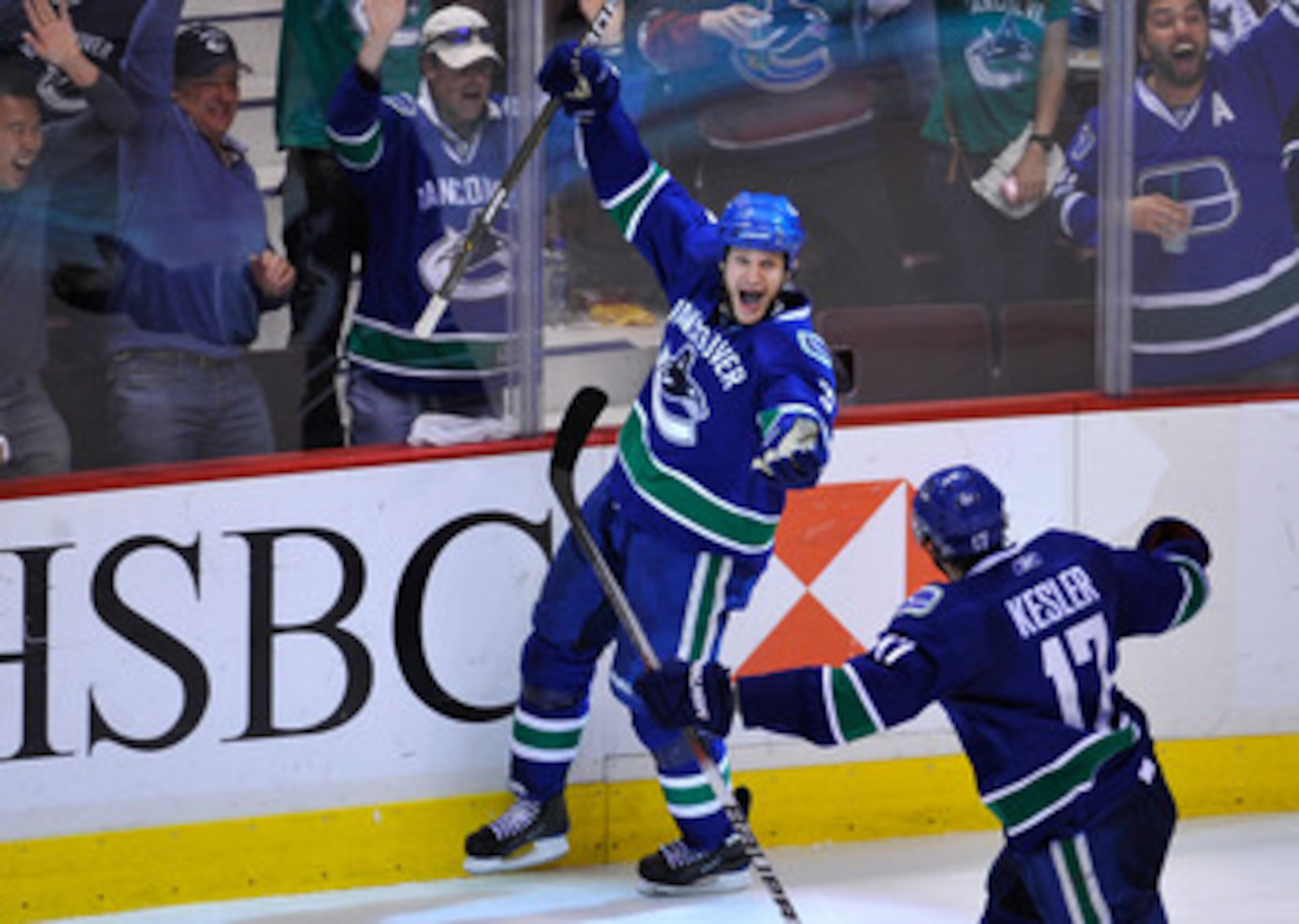 VANCOUVER, CANADA - MAY 18: Kevin Bieksa #3 of the Vancouver Canucks celebrates his second period goal againstt the San Jose Sharks in Game Two of the Western Conference Finals during the 2011 Stanley Cup Playoffs at Rogers Arena on May 18, 2011 in Vanco VANCOUVER, CANADA - MAY 18: Kevin Bieksa #3 of the Vancouver Canucks celebrates his second period goal againstt the San Jose Sharks in Game Two of the Western Conference Finals during the 2011 Stanley Cup Playoffs at Rogers Arena on May 18, 2011 in Vanco