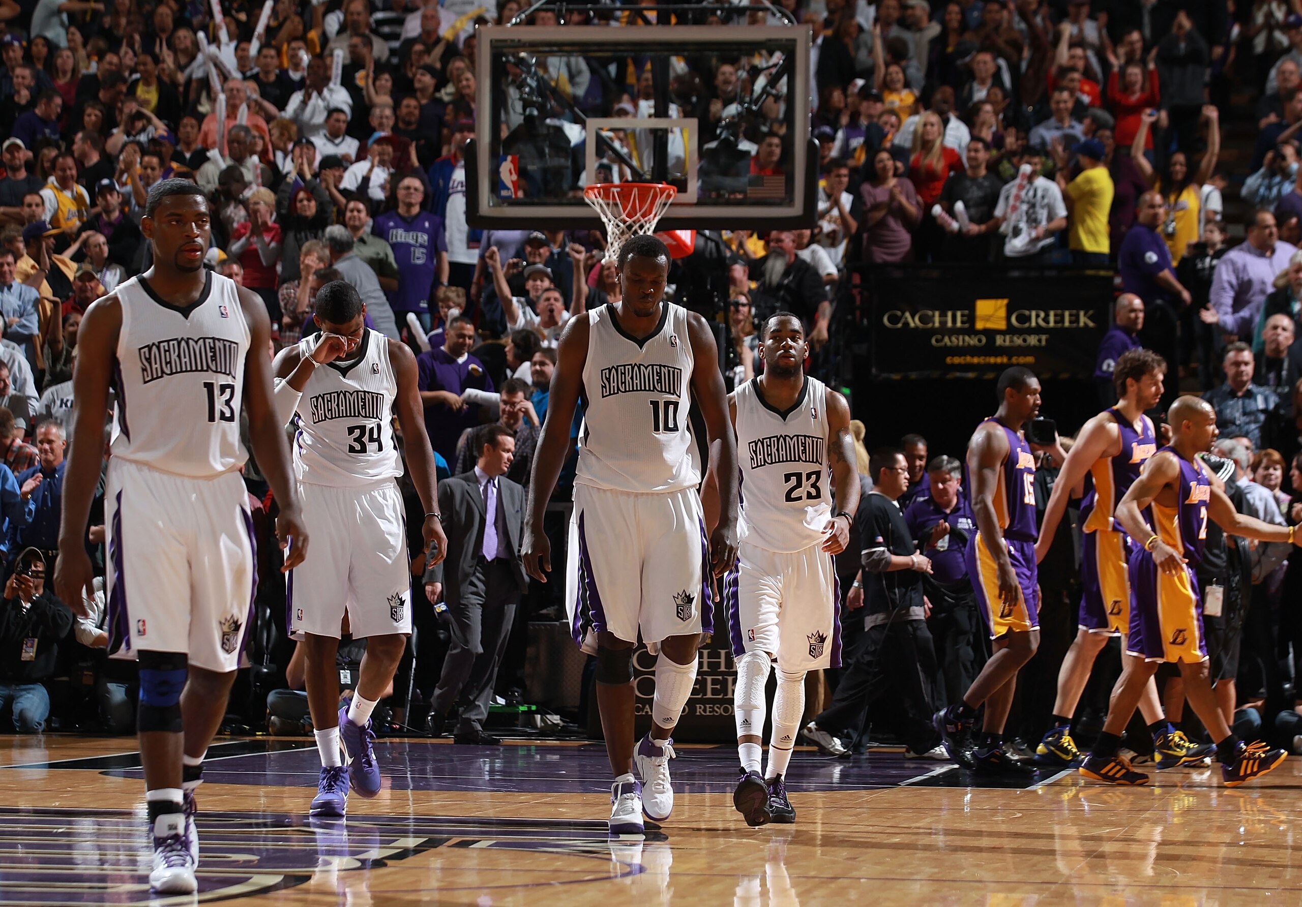 SACRAMENTO, CA - APRIL 13:  Members of the Sacramento Kings look on against the Los Angeles Lakers on April 13, 2011 at Power Balence Pavilion in Sacramento, California. NOTE TO USER: User expressly acknowledges and agrees that, by downloading and/or usin