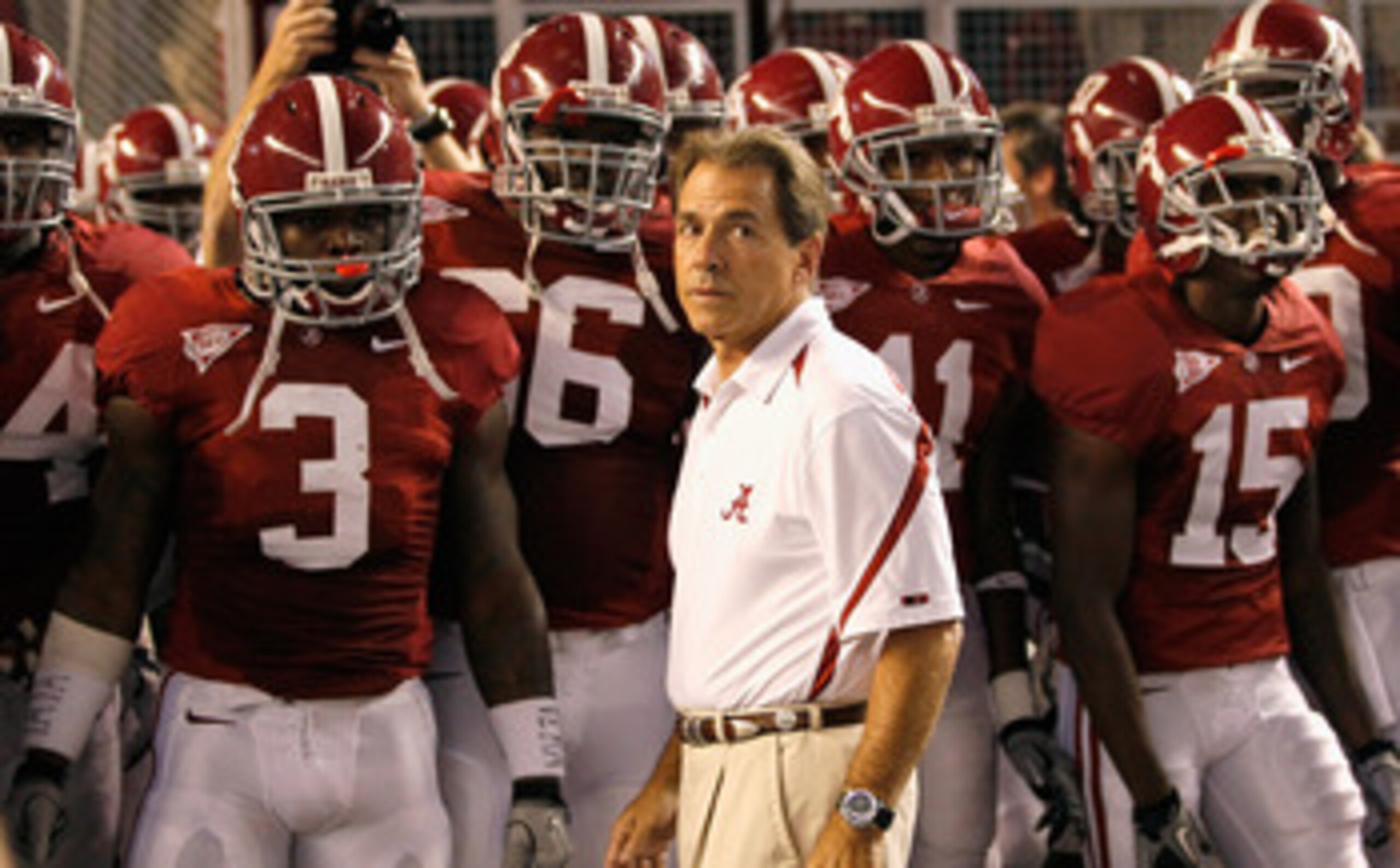 TUSCALOOSA, AL - OCTOBER 02:  Head coach Nick Saban of the Alabama Crimson Tide leads his team onto the field to face the Florida Gators at Bryant-Denny Stadium on October 2, 2010 in Tuscaloosa, Alabama.  (Photo by Kevin C. Cox/Getty Images)