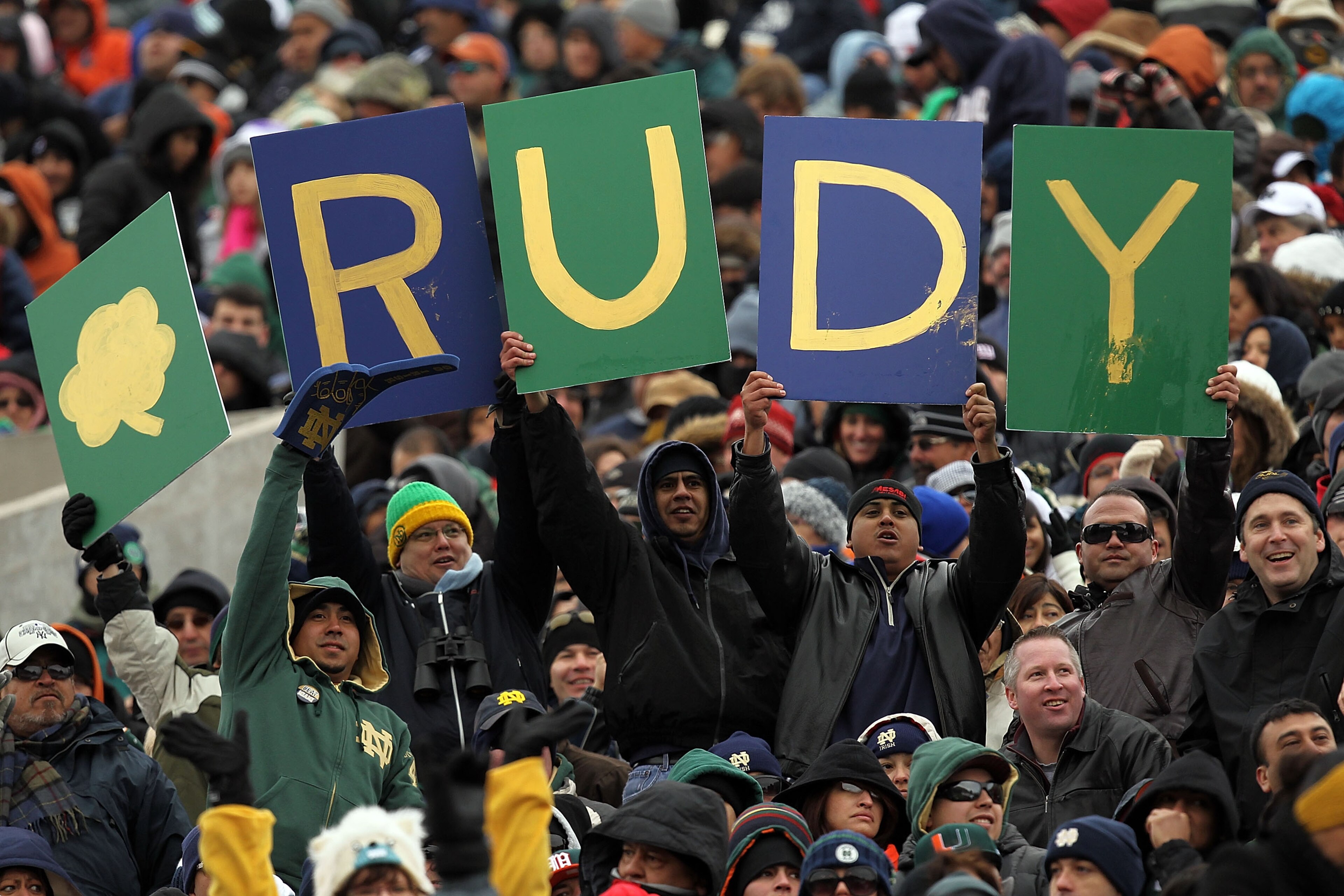 EL PASO, TX - DECEMBER 30:   Fans of the Notre Dame Fighting Irish hold up a sign during play against the Miami Hurricanes at Sun Bowl on December 30, 2010 in El Paso, Texas.  (Photo by Ronald Martinez/Getty Images)