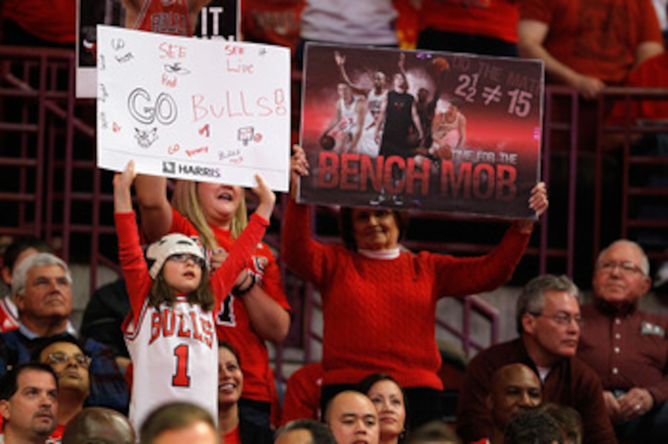 CHICAGO, IL - MAY 15:  Fans of the Chicago Bulls holds up signs in support of the Bulls bench players against the Miami Heat in Game One of the Eastern Conference Finals during the 2011 NBA Playoffs on May 15, 2011 at the United Center in Chicago, Illinoi