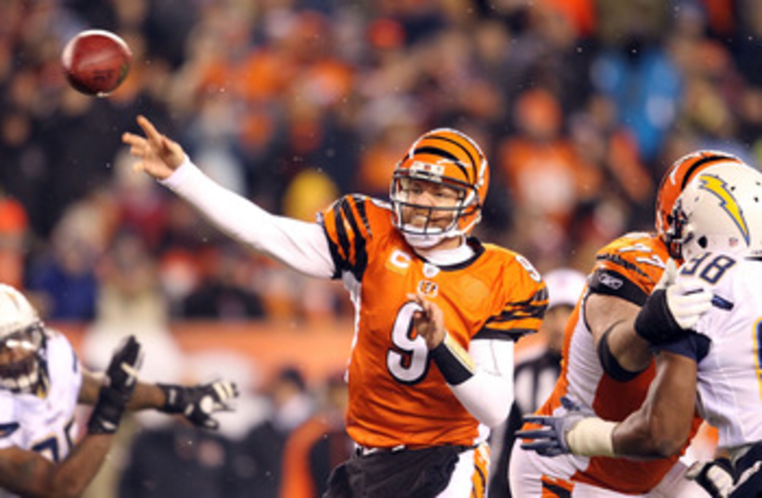 CINCINNATI - DECEMBER 26: Carson Palmer #9 of the Cincinnati Bengals throws a pass during the NFL game against the San Diego Chargers at Paul Brown Stadium on December 26, 2010 in Cincinnati, Ohio. The Bengals 34-20. (Photo by Andy Lyons/Getty Images) CINCINNATI - DECEMBER 26: Carson Palmer #9 of the Cincinnati Bengals throws a pass during the NFL game against the San Diego Chargers at Paul Brown Stadium on December 26, 2010 in Cincinnati, Ohio. The Bengals 34-20. (Photo by Andy Lyons/Getty Images)
