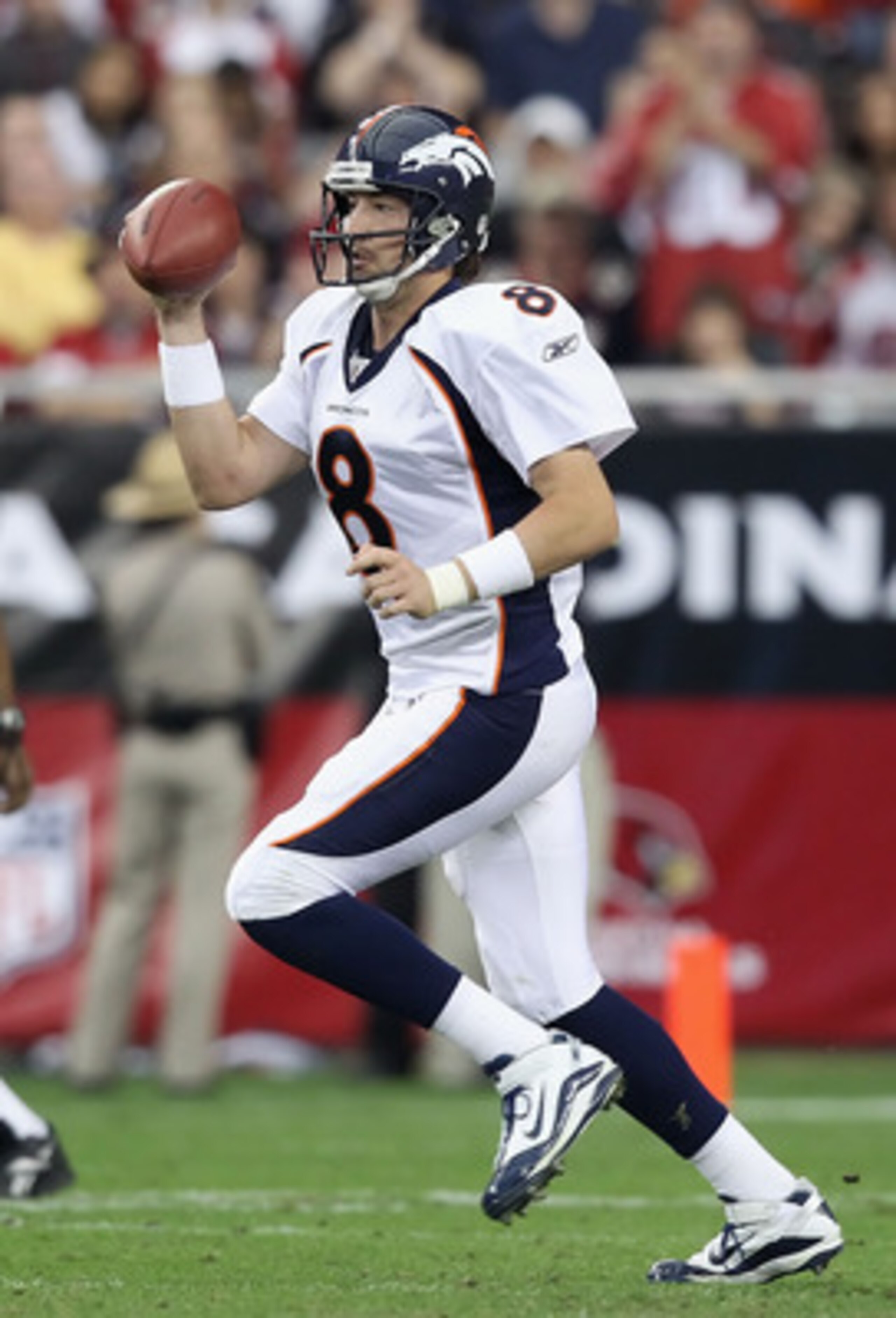 GLENDALE, AZ - DECEMBER 12: Quarterback Kyle Orton #8 of the Denver Broncos drops back to pass during the NFL game against the Arizona Cardinals at the University of Phoenix Stadium on December 12, 2010 in Glendale, Arizona. The Cardinals defeated the B GLENDALE, AZ - DECEMBER 12: Quarterback Kyle Orton #8 of the Denver Broncos drops back to pass during the NFL game against the Arizona Cardinals at the University of Phoenix Stadium on December 12, 2010 in Glendale, Arizona. The Cardinals defeated the B