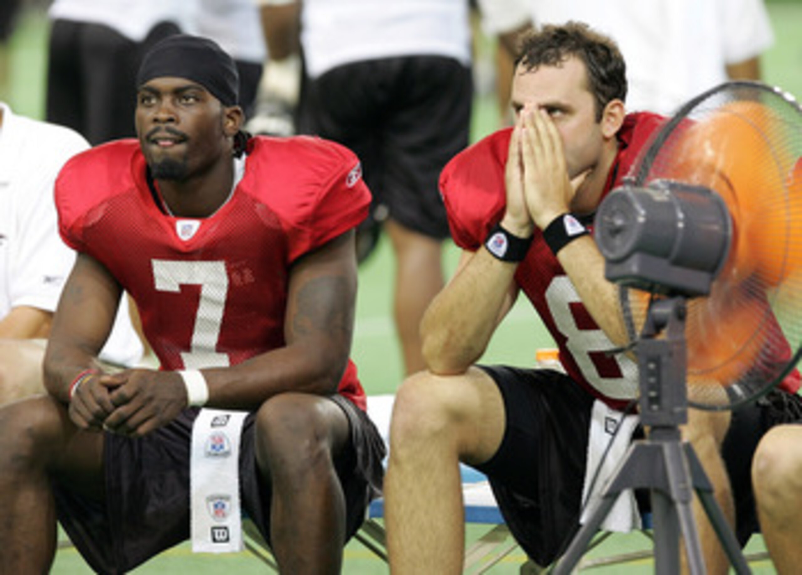 TOKYO - AUGUST 4: Quarterbacks Michael Vick #7 and Matt Schaub #8 of the Atlanta Falcons sit on a bench during the Falcons training camp on August 4, 2005 at Tokyo Dome in Tokyo, Japan. The Falcons will play the Indianapolis Colts in the American Bowl on TOKYO - AUGUST 4: Quarterbacks Michael Vick #7 and Matt Schaub #8 of the Atlanta Falcons sit on a bench during the Falcons training camp on August 4, 2005 at Tokyo Dome in Tokyo, Japan. The Falcons will play the Indianapolis Colts in the American Bowl on