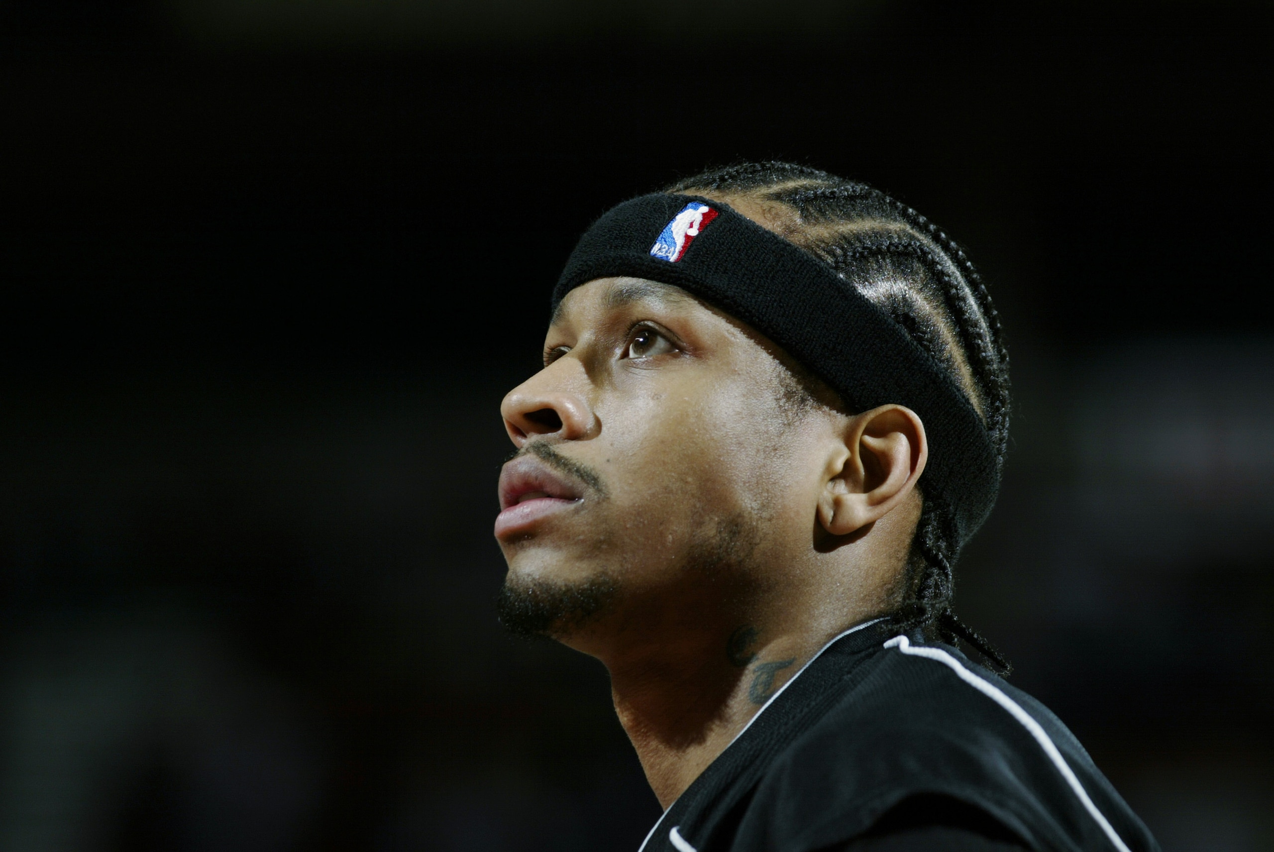 PORTLAND, OR - MARCH 6:  Allen Iverson #3 of the Philadelphia 76ers looks on against the Portland Trail Blazers during the game at The Rose Garden on March 6, 2003 in Portland, Oregon.  The 76ers won 88-60.  NOTE TO USER: User expressly acknowledges and a