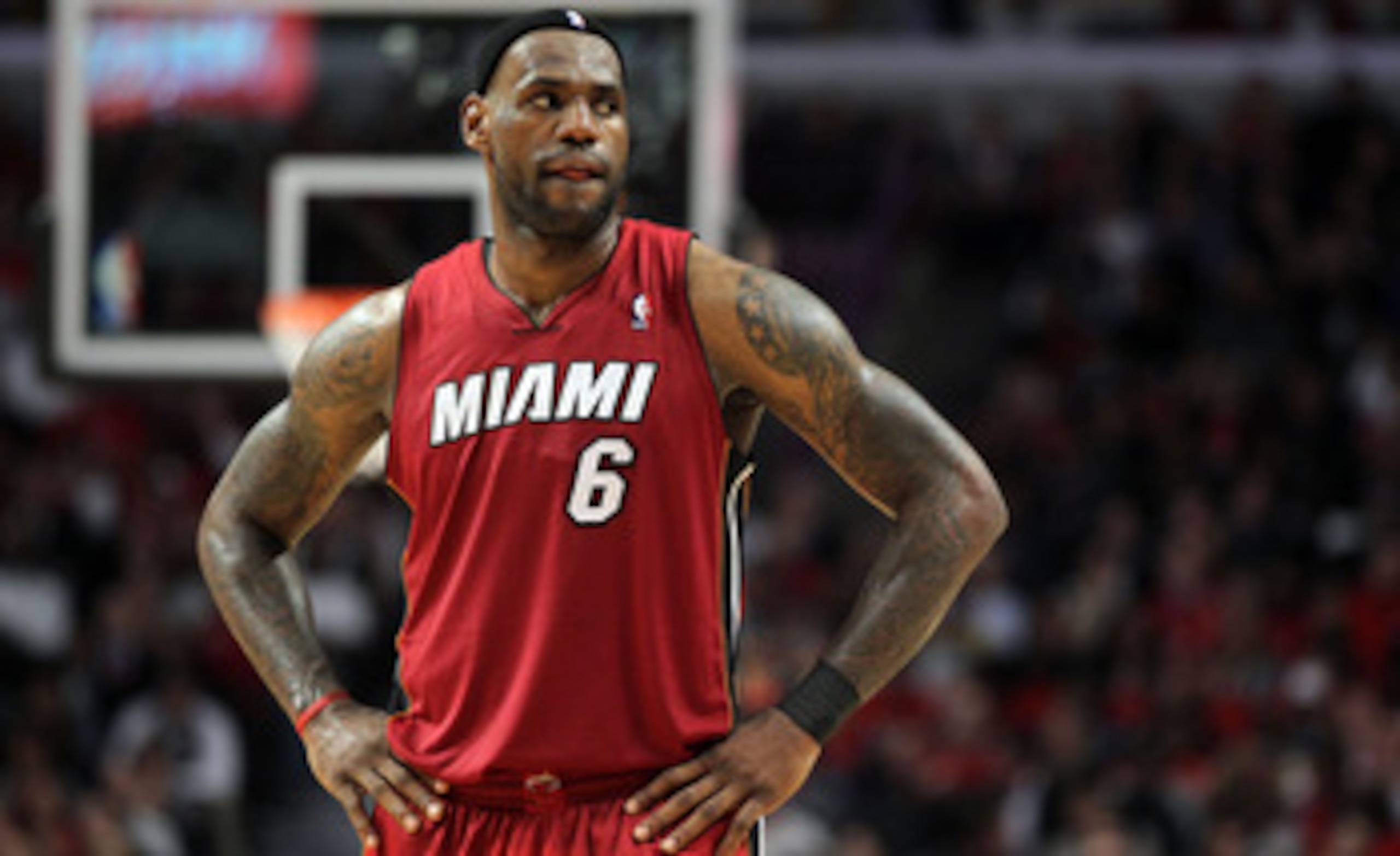 CHICAGO, IL - MAY 26:  LeBron James #6 of the Miami Heat looks on against the Miami Heat in Game Five of the Eastern Conference Finals during the 2011 NBA Playoffs on May 26, 2011 at the United Center in Chicago, Illinois. NOTE TO USER: User expressly ack