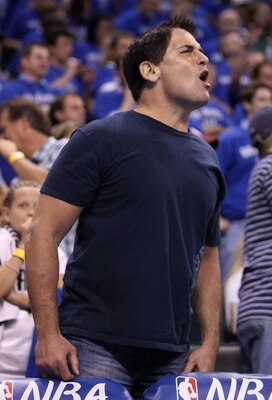 OKLAHOMA CITY, OK - MAY 23:  Owner Mark Cuban of the Dallas Mavericks reacts in overtime while the Maverics take on the Oklahoma City Thunder in Game Four of the Western Conference Finals during the 2011 NBA Playoffs at Oklahoma City Arena on May 23, 2011