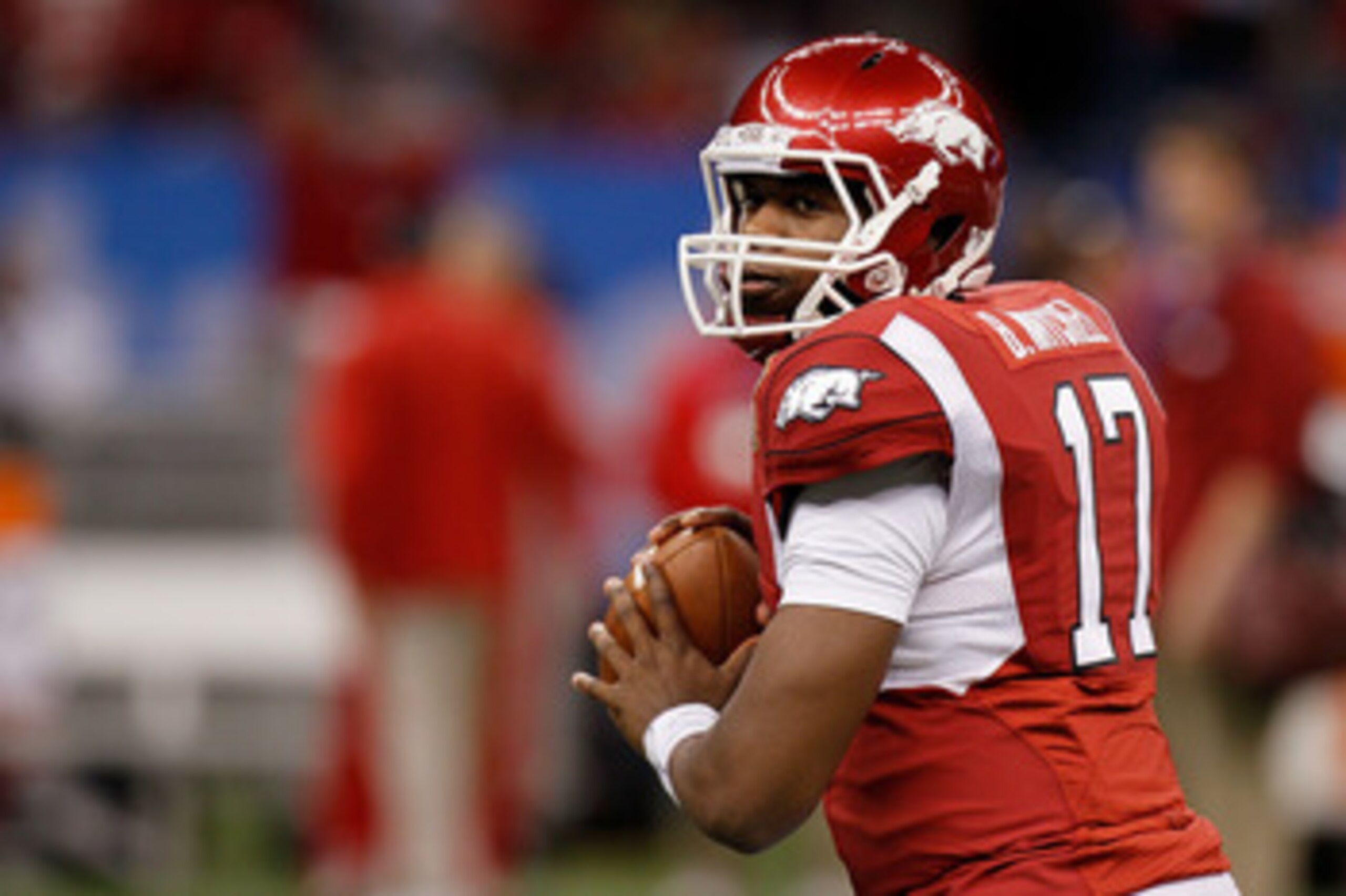 NEW ORLEANS, LA - JANUARY 04:  Brandon Mitchell #17 of the Arkansas Razorbacks warms up before taking on the Ohio State Buckeyes during the Allstate Sugar Bowl at the Louisiana Superdome on January 4, 2011 in New Orleans, Louisiana.  (Photo by Kevin C. Co