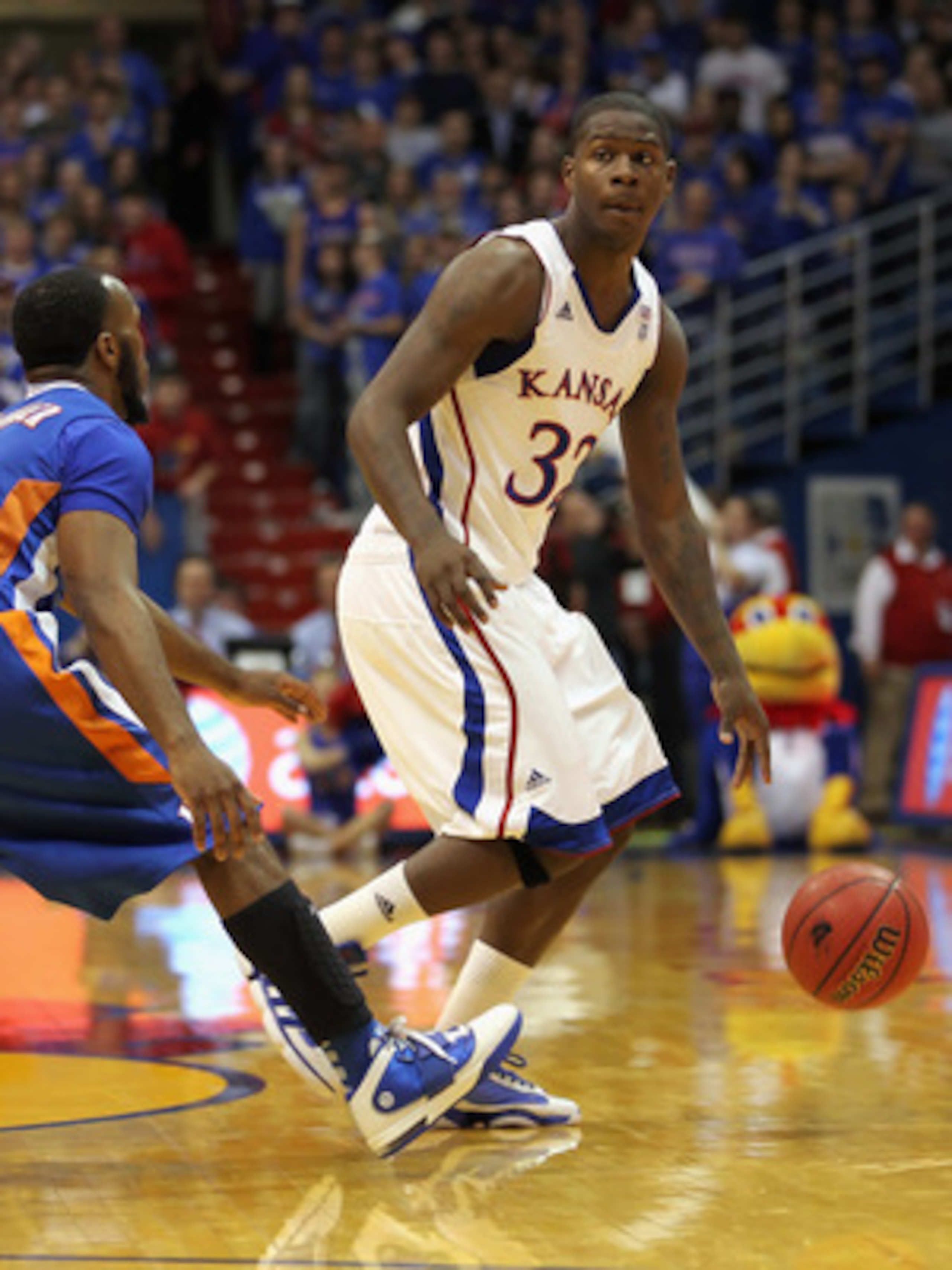 LAWRENCE, KS - DECEMBER 29:  Josh Selby #32 of the Kansas Jayhawks in action during the game against the University of Texas Arlington Mavericks on December 29, 2010 at Allen Fieldhouse in Lawrence, Kansas.  (Photo by Jamie Squire/Getty Images)