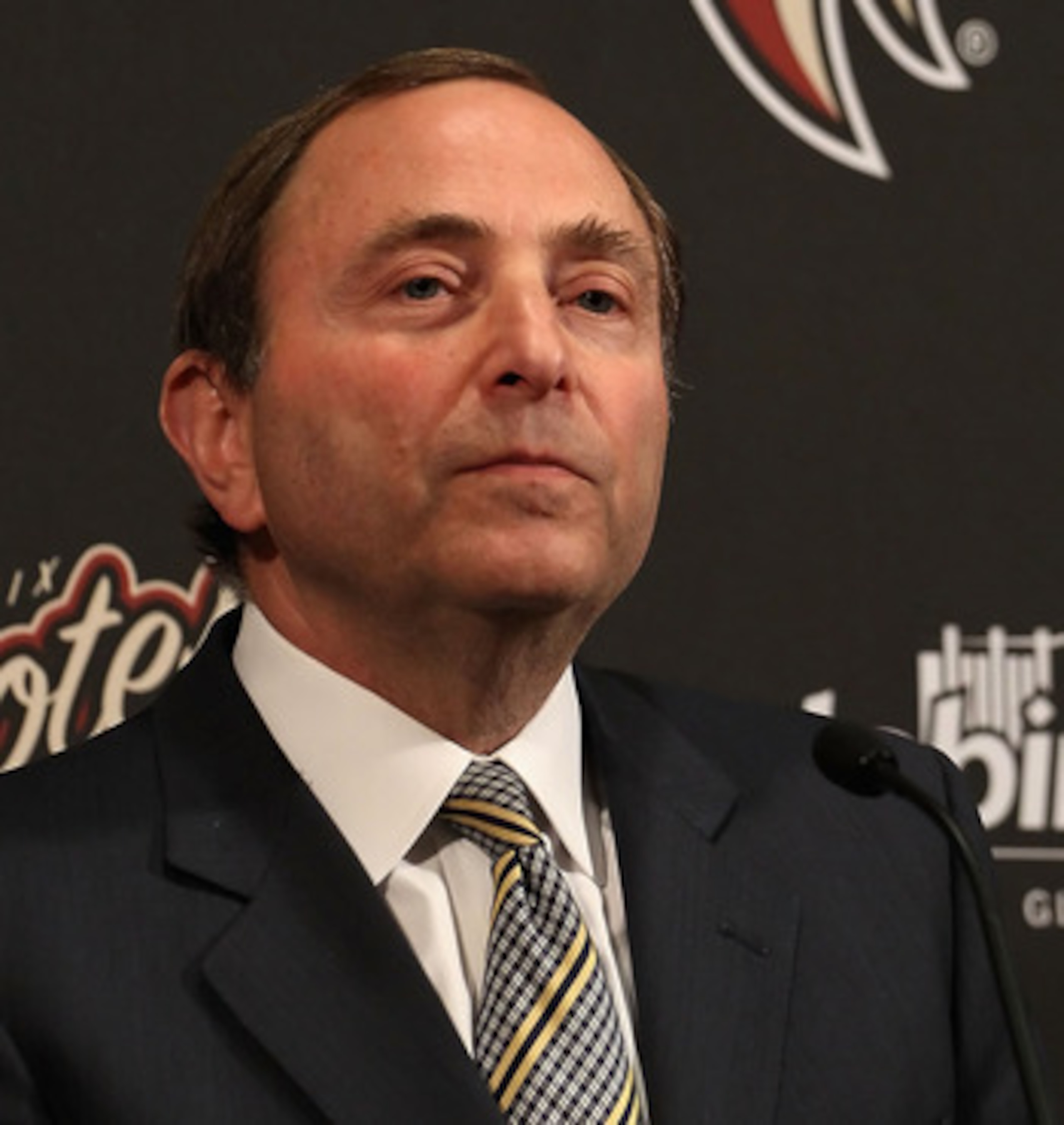 GLENDALE, AZ - MARCH 08:  NHL commissioner Gary Bettman speaks during a press conference before the NHL game between the Vancouver Canucks and the Phoenix Coyotes at Jobing.com Arena on March 8, 2011 in Glendale, Arizona.  (Photo by Christian Petersen/Get