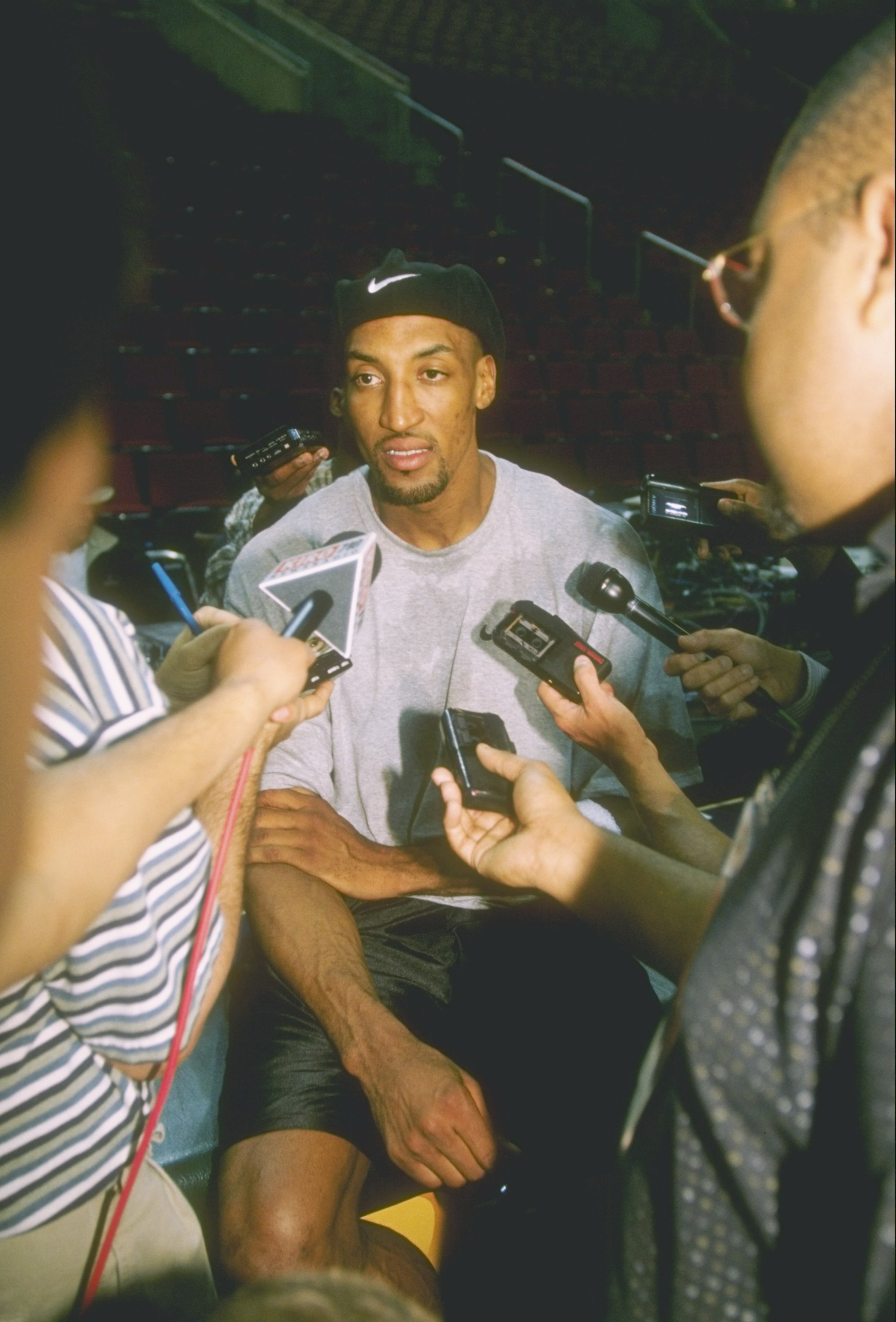 13 Jun 1996: Forward Scottie Pippen of the Chicago Bulls speaks with reporters during the NBA Finals Press Conference at the Key Arena in Seattle, Washington.
