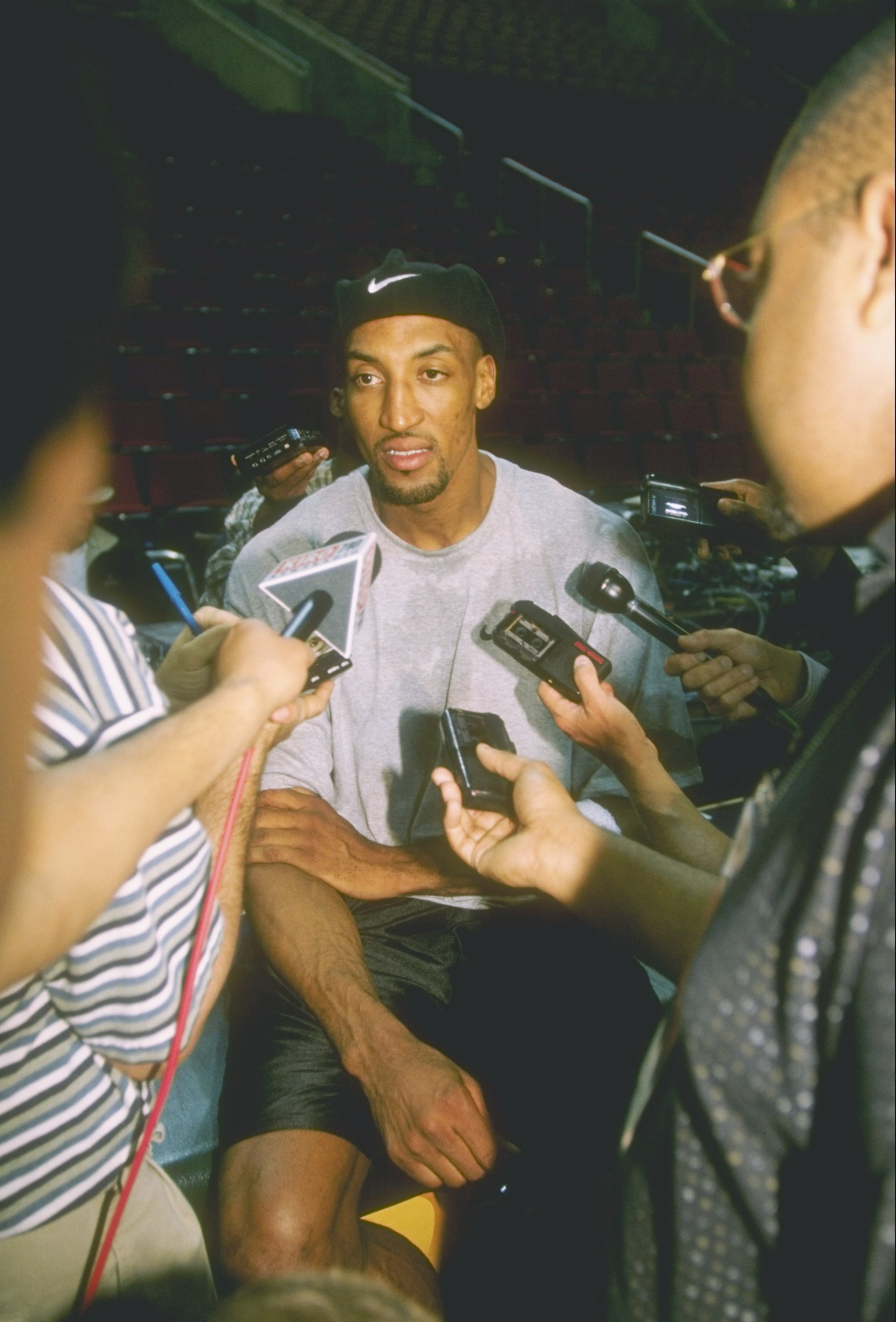 13 Jun 1996: Forward Scottie Pippen of the Chicago Bulls speaks with reporters during the NBA Finals Press Conference at the Key Arena in Seattle, Washington.